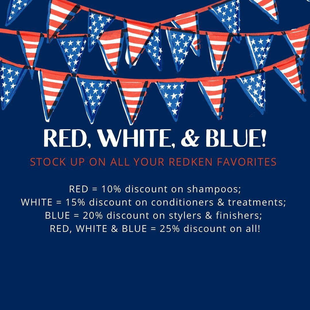 ✨🇺🇸Stop by the salon to celebrate the holiday with great hair! Ask us how you can save up to 25% on all your haircare needs!⠀
⠀
&bull; ⠀⠀⠀⠀⠀⠀⠀⠀⠀⠀⠀⠀⠀⠀⠀⠀⠀⠀⠀⠀⠀
&bull; ⠀⠀⠀⠀⠀⠀⠀⠀⠀⠀⠀⠀⠀⠀⠀⠀⠀⠀⠀⠀⠀
&bull; ⠀⠀⠀⠀⠀⠀⠀⠀⠀⠀⠀
#Saratogahair #Saratoga #redken #Saratogaha