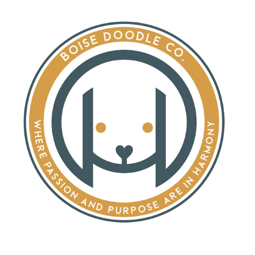 Logo of Boise Doodle Co. featuring a stylized dog face with a heart-shaped nose, surrounded by a circular border with the text 'Boise Doodle Co.' and 'Where Passion and Purpose Are in Harmony'.