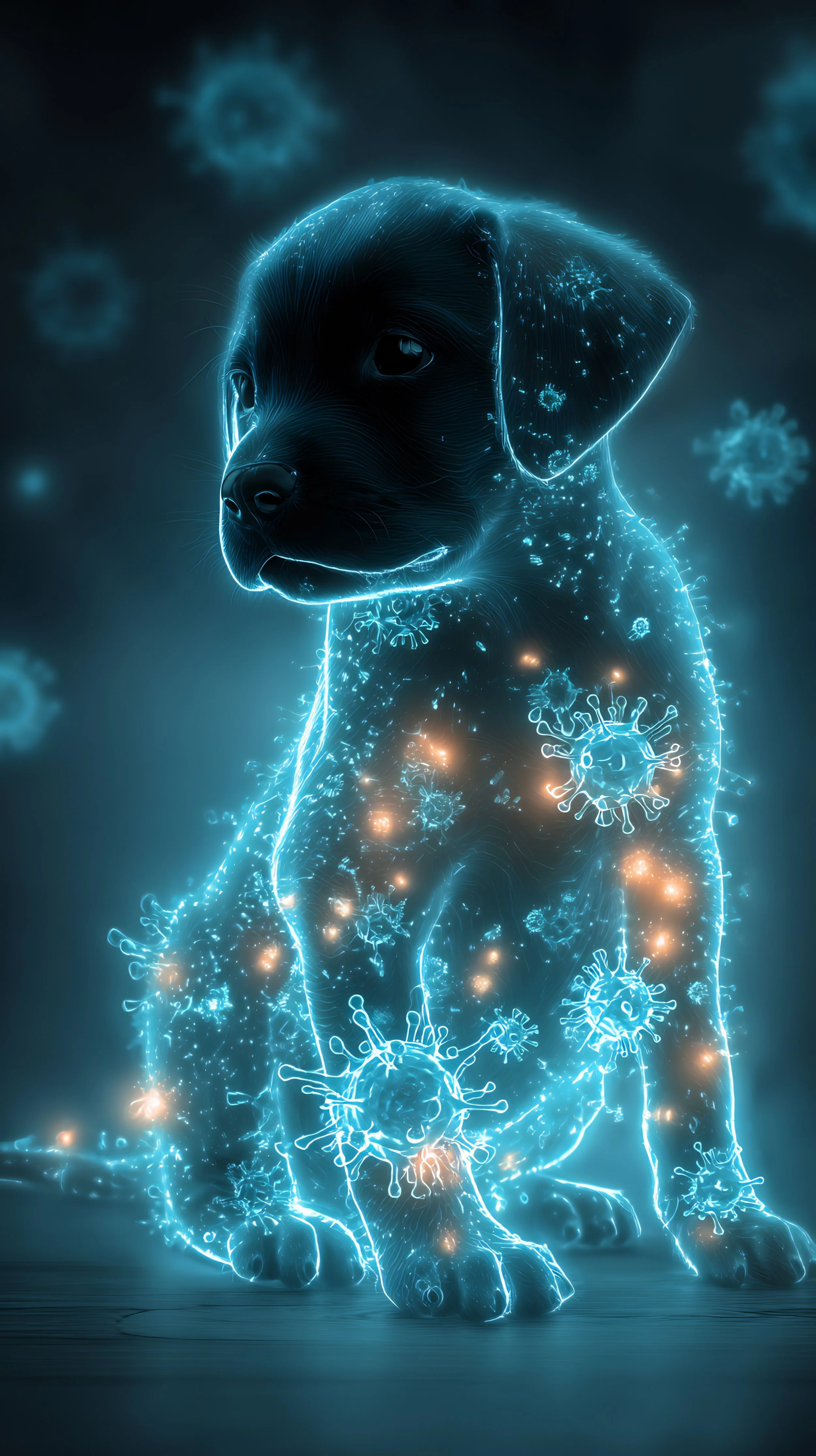 Digital illustration of a puppy surrounded by glowing virus particles.