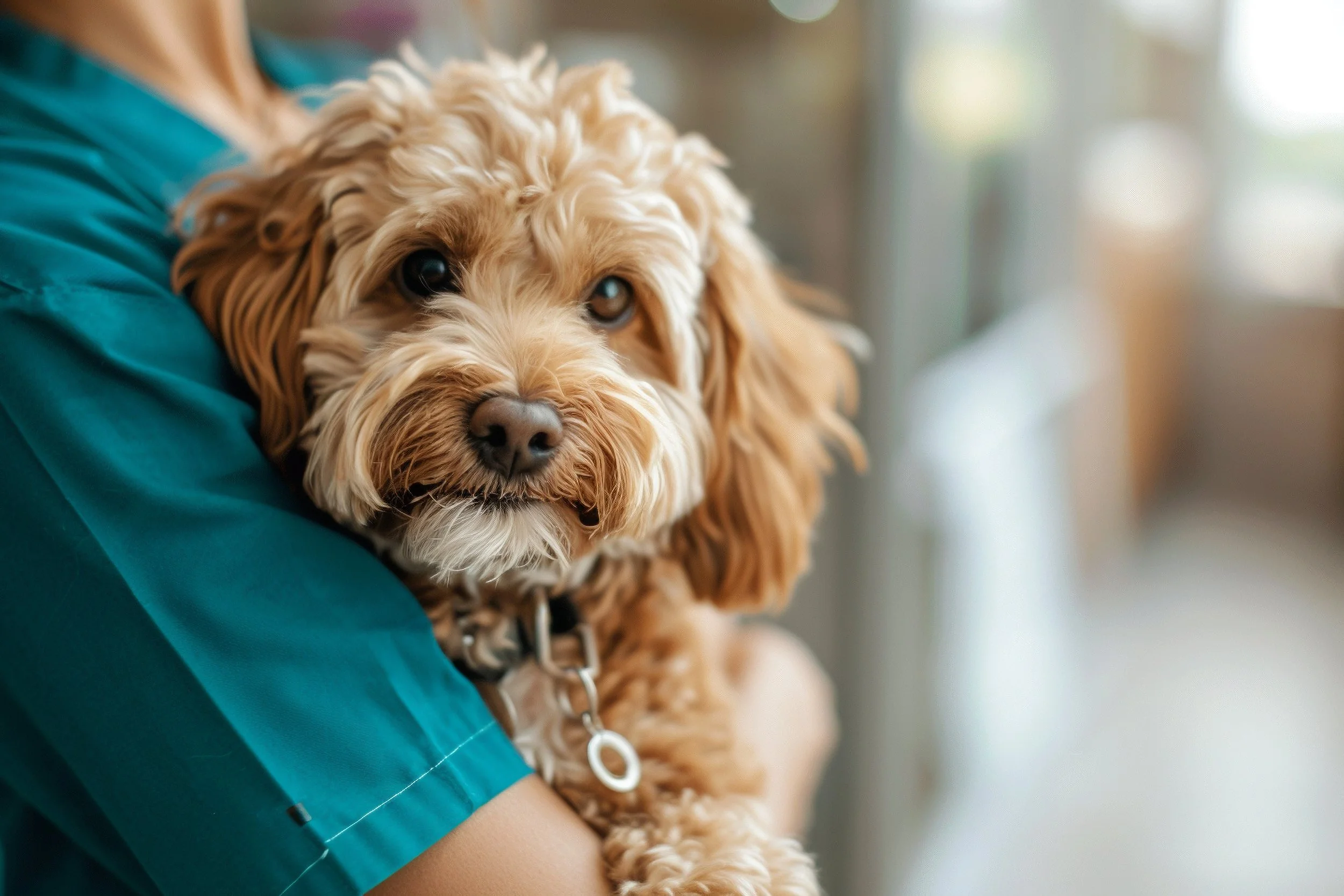 A person holding a curly-haired, tan-colored dog with expressive eyes, against a blurred background.