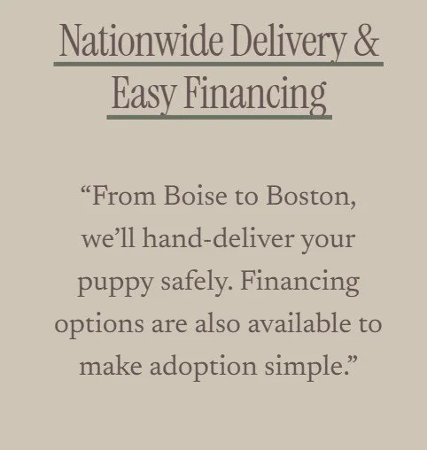 Text advertisement for nationwide puppy delivery and financing, stating they deliver from Boise to Boston and offer financing options to make adoption simple.