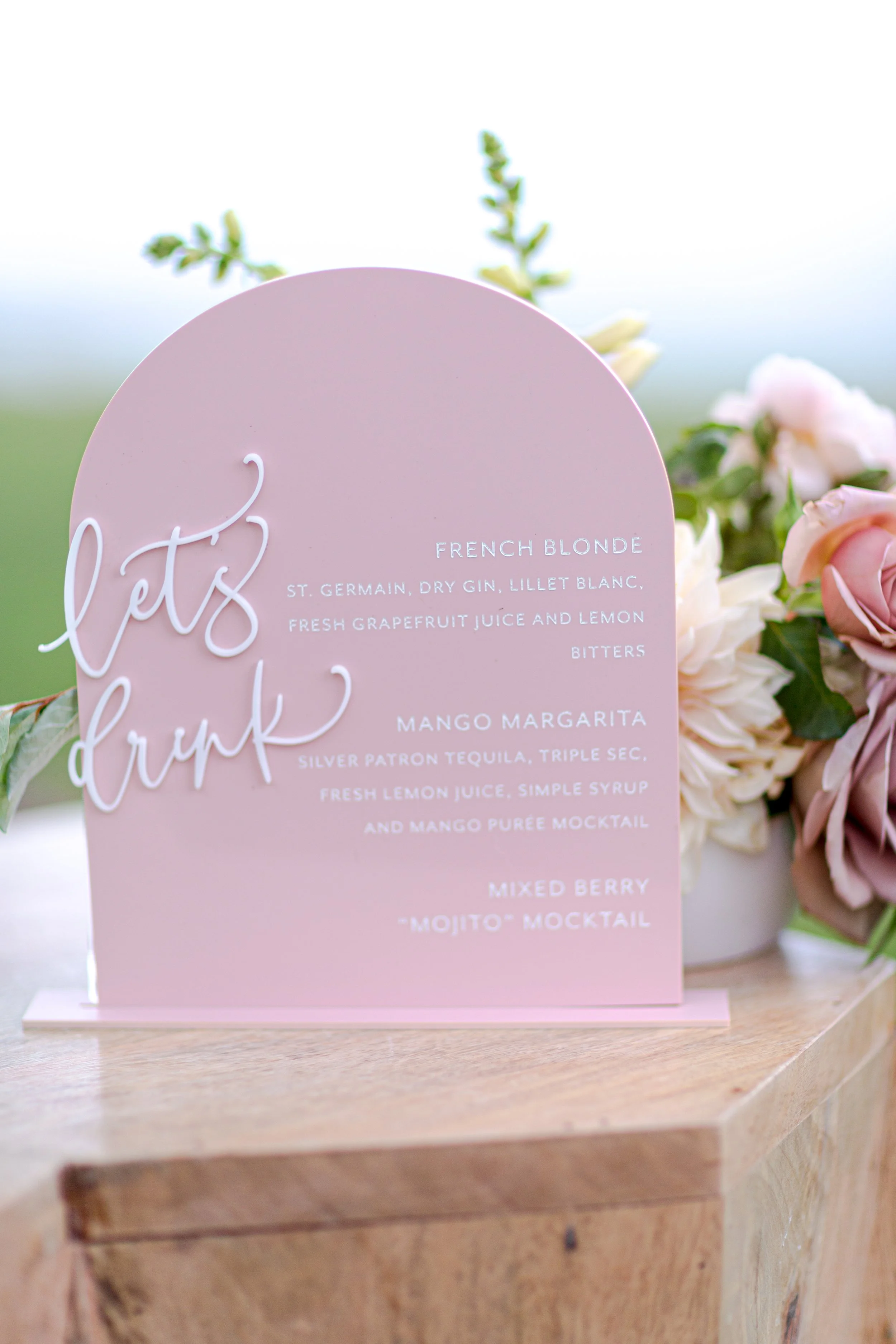 Cocktail hour bar menu at a private estate baby shower