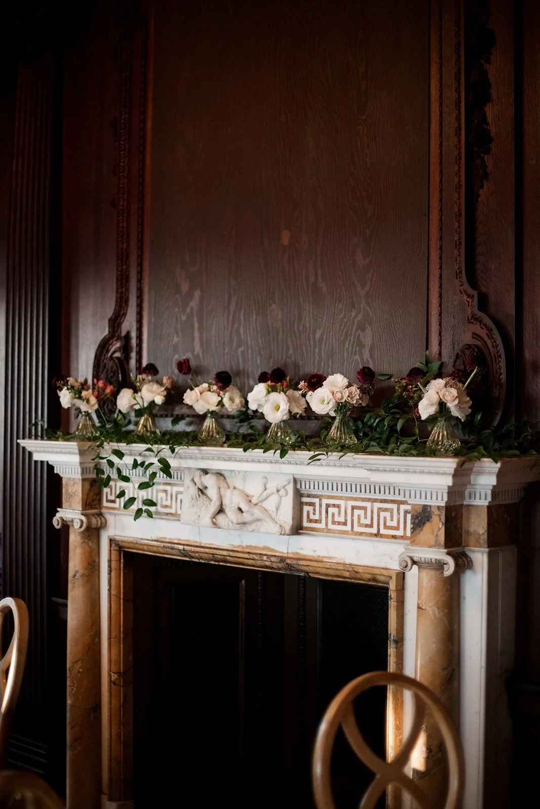 First Blush editorial wedding mantle fireplace design focused on experience, texture, and architectural beauty.
