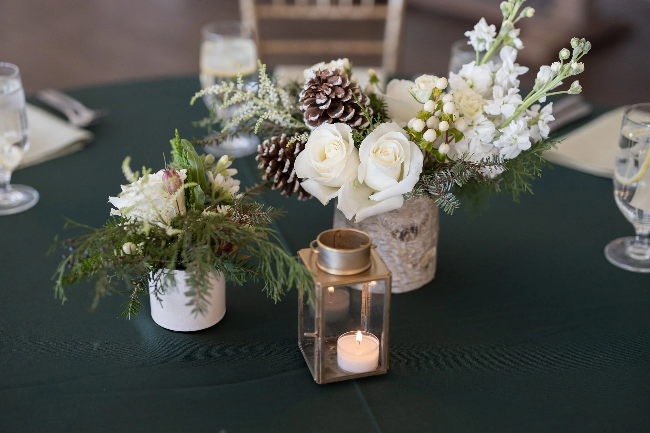 Corporate event table with white rose and evergreen arrangements in birch and ceramic pots, pine cones and a brass lantern with a tealight