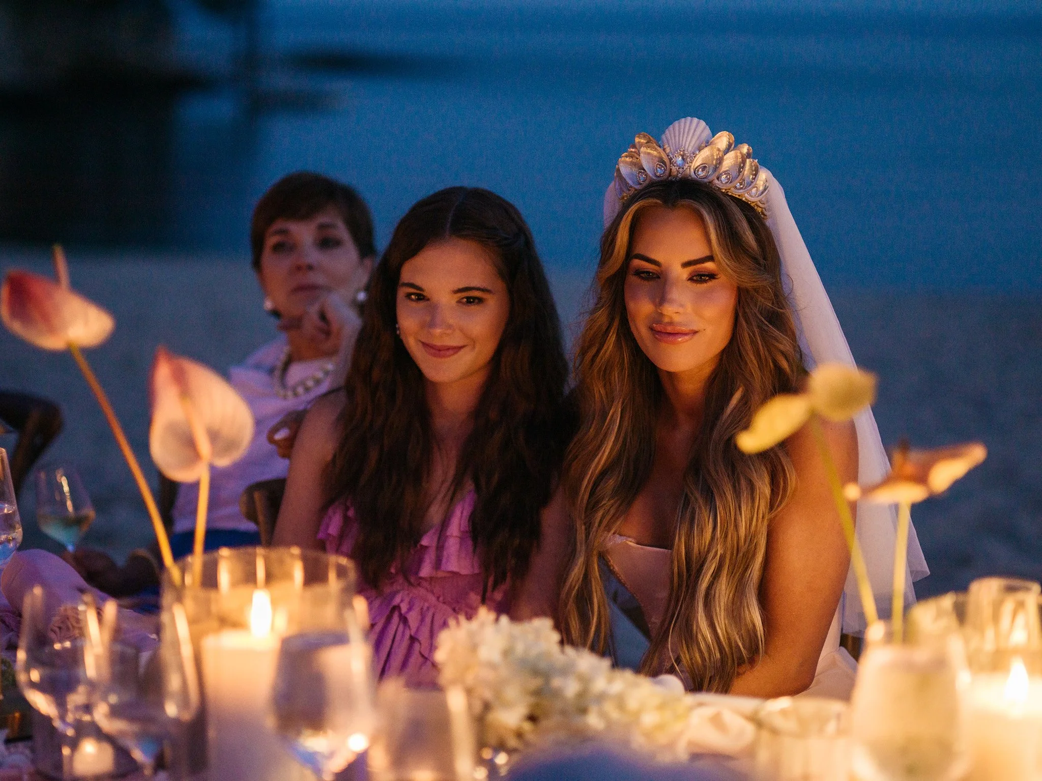 Bride wearing pearl-accented headdress with coastal bridal styling, Fairfield County beachside bridal shower