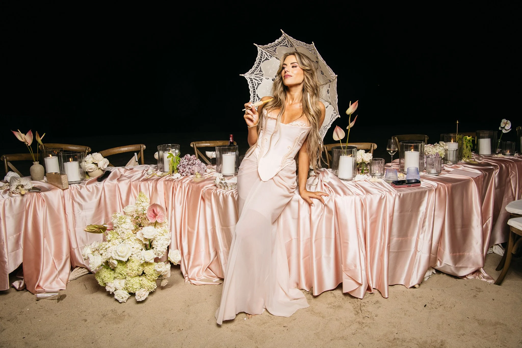 Bride in custom Karla Gil Design gown with corseted bodice and lace detailing, coastal Connecticut bridal shower