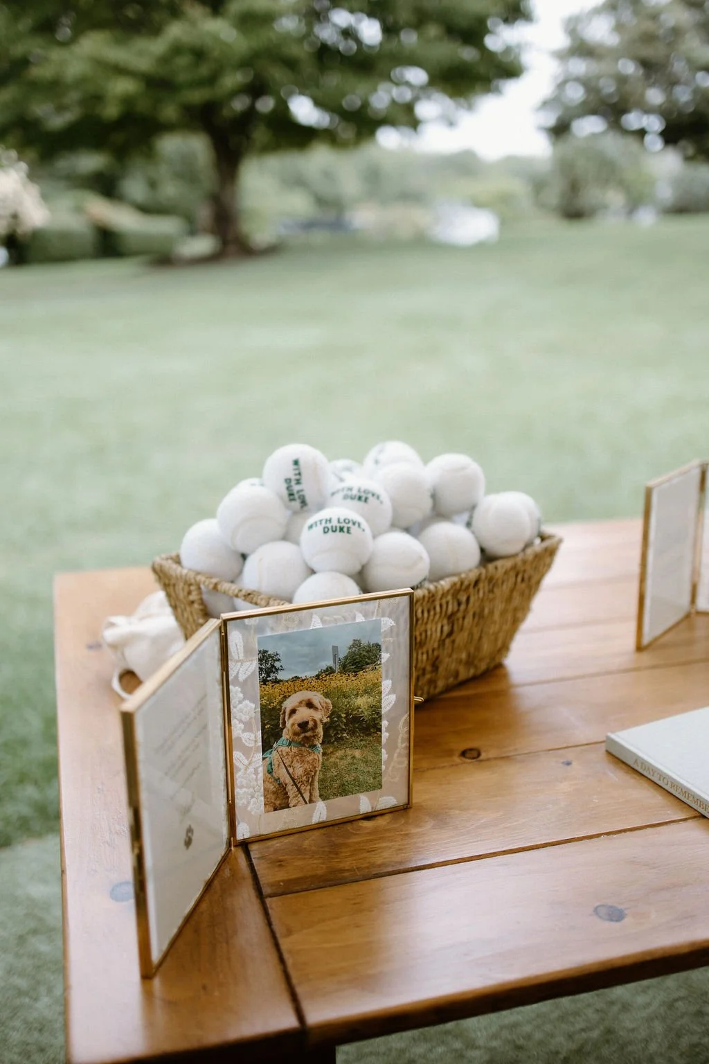 Basket filled with white flowers displayed beside wooden seating at a garden wedding.