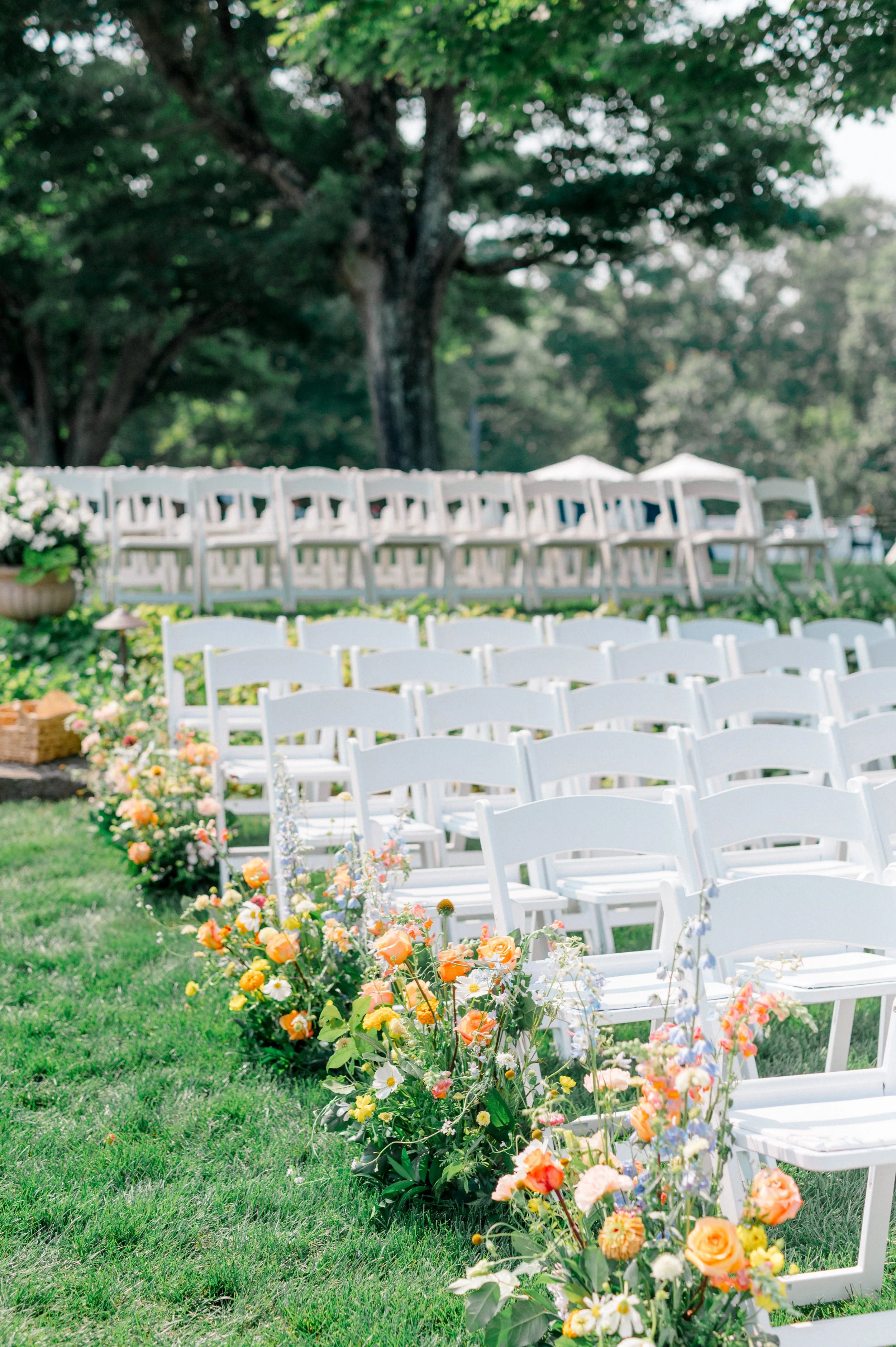Bride walking through planted ombré aisle surrounded by vibrant summer flowers.