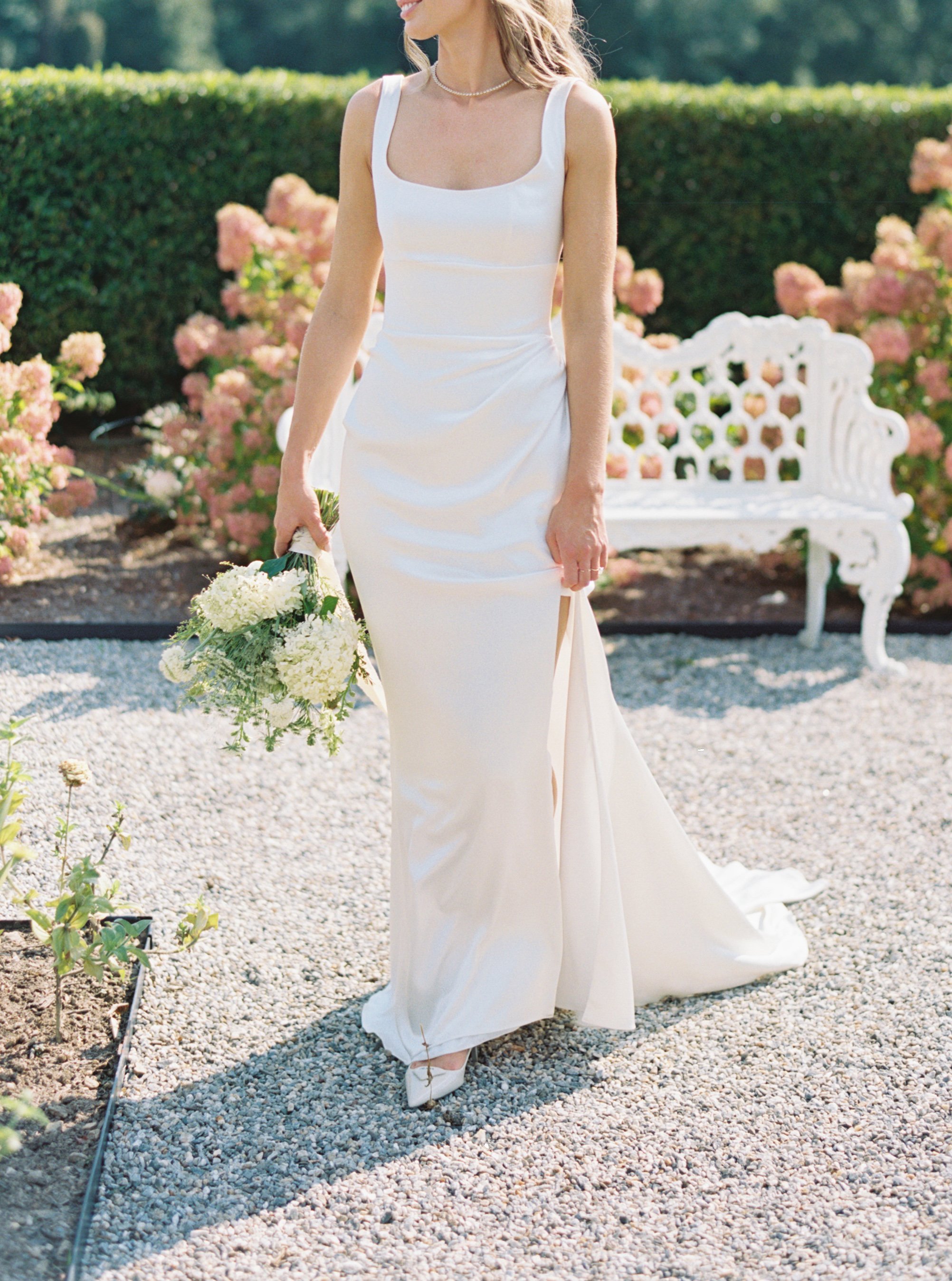 Bridal bouquet featuring local hydrangea and Queen Anne’s lace at a Smith Farm Gardens wedding