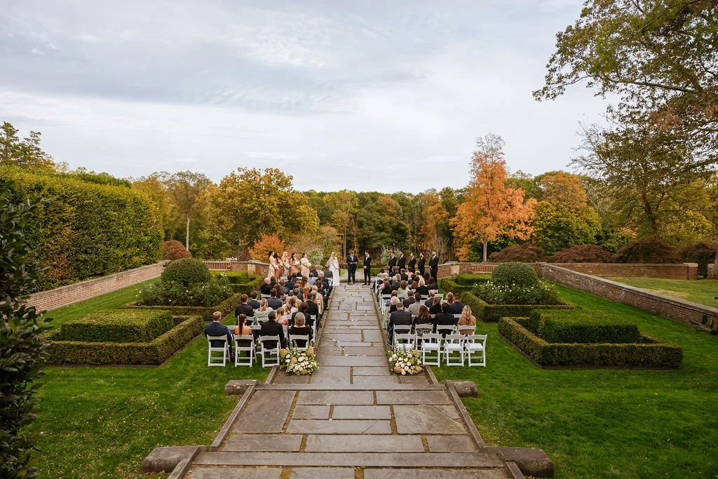 Garden ceremony flowers with neutral blooms and foliage at Waveny House Connecticut