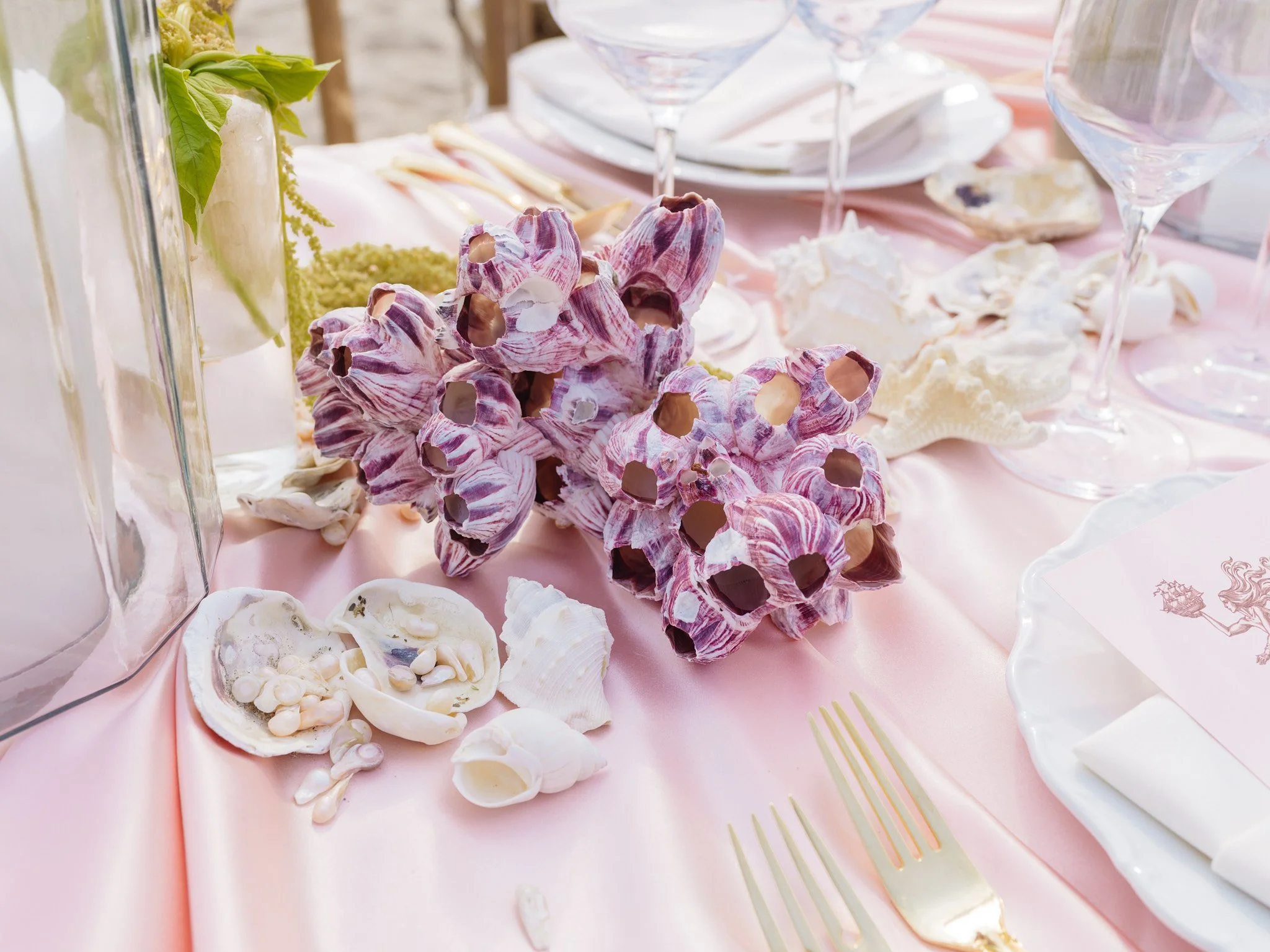 Table setting detail with tide visible in background, alfresco coastal romance bridal shower Connecticut