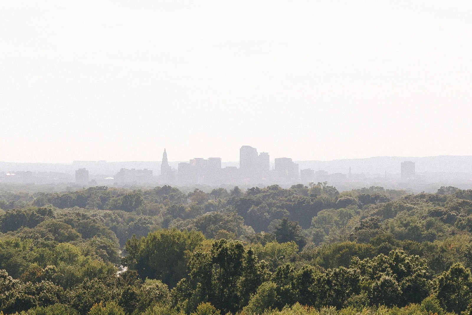 Panoramic view of treetops and the distant Hartford skyline from the elevated grounds of Wickham Park in Manchester, Connecticut.
