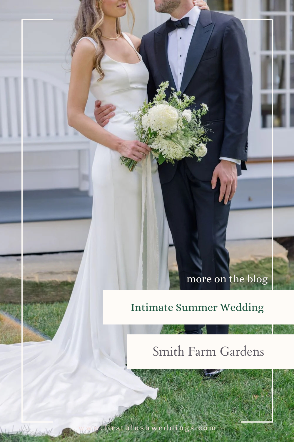 Intimate summer wedding at Smith Farm Gardens featuring garden-style floral design by First Blush Wedding Florist in Connecticut.