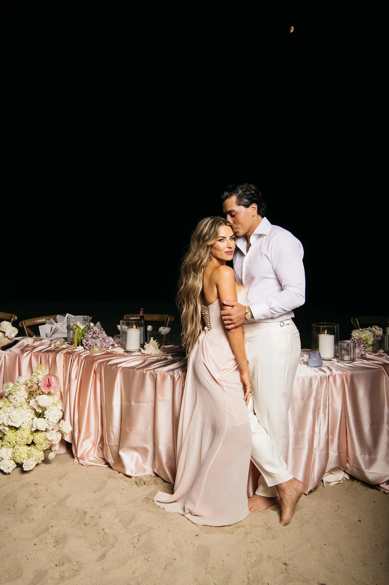 Bridal portrait with soft blush gown and fluid skirt against coastal backdrop, Fairfield County