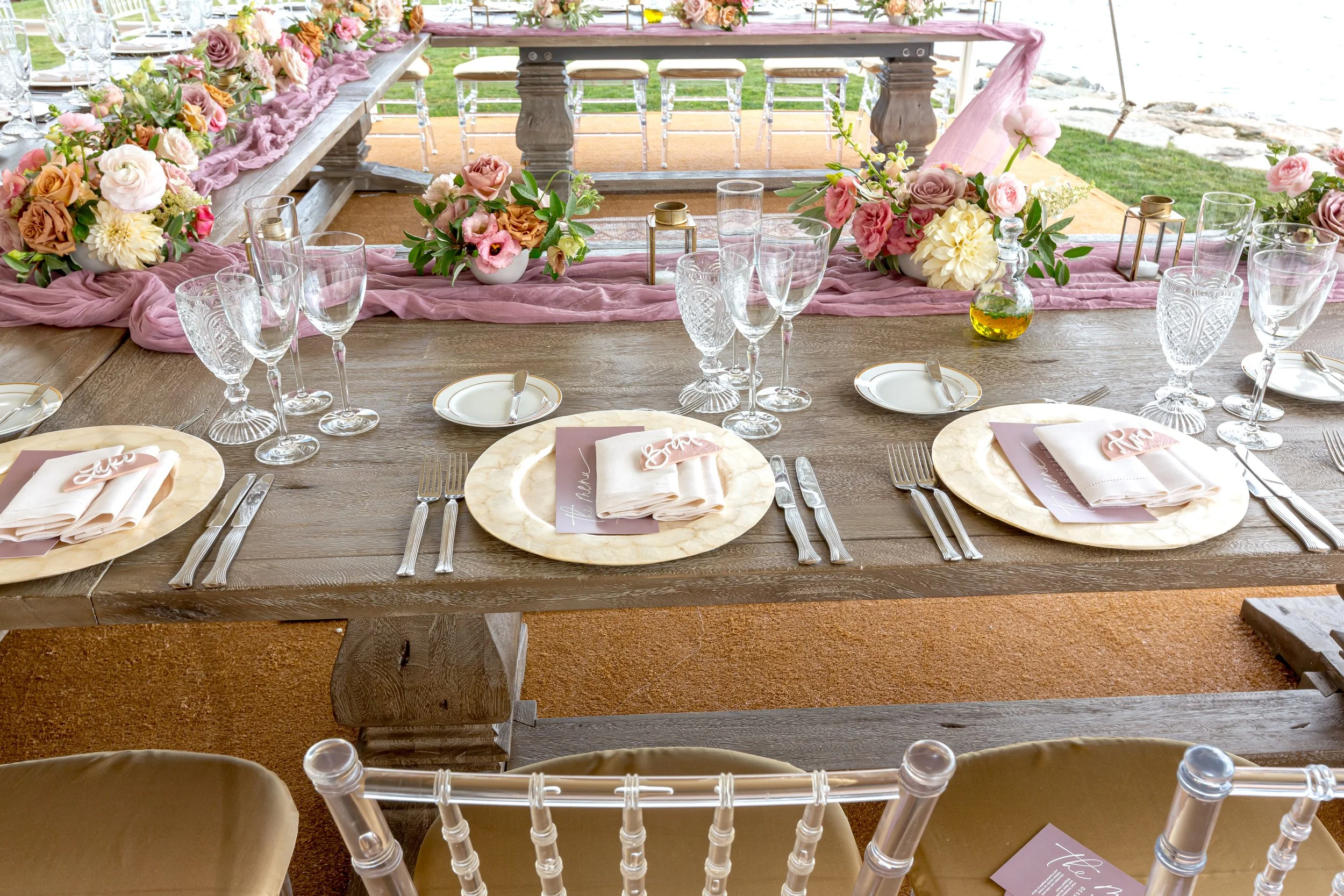 Baby shower tablescape with lavender linens and garden florals