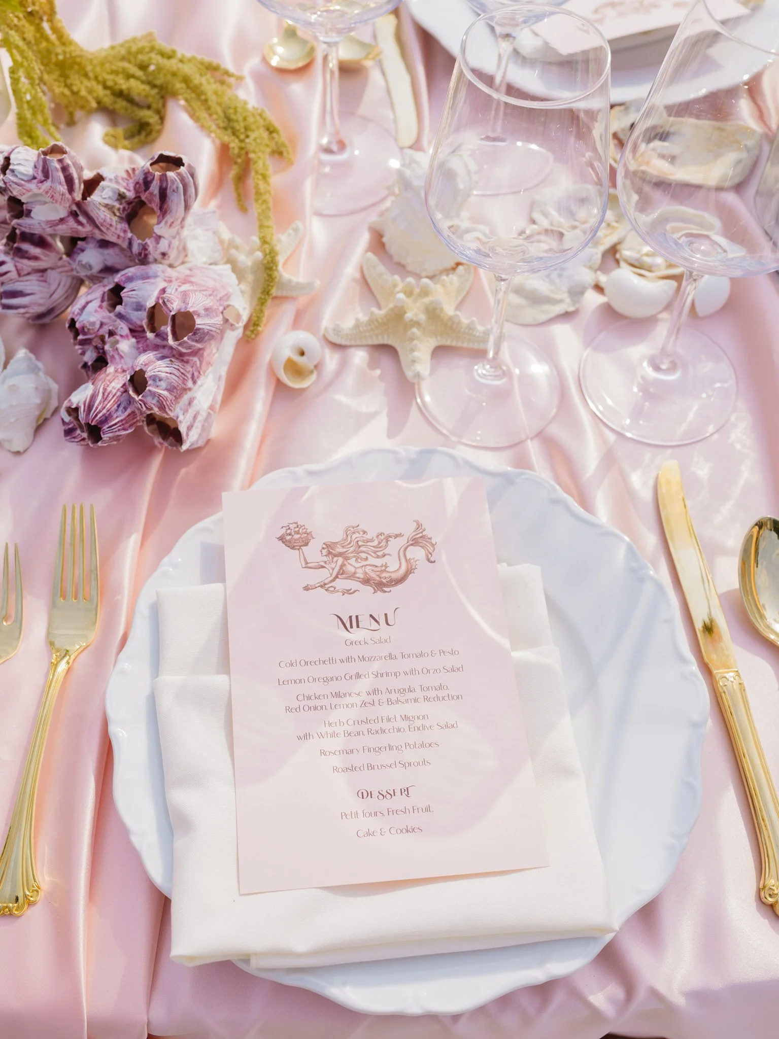 Invitation suite detail with shell and pearl accents, coastal bridal shower stationery by Every Little Something