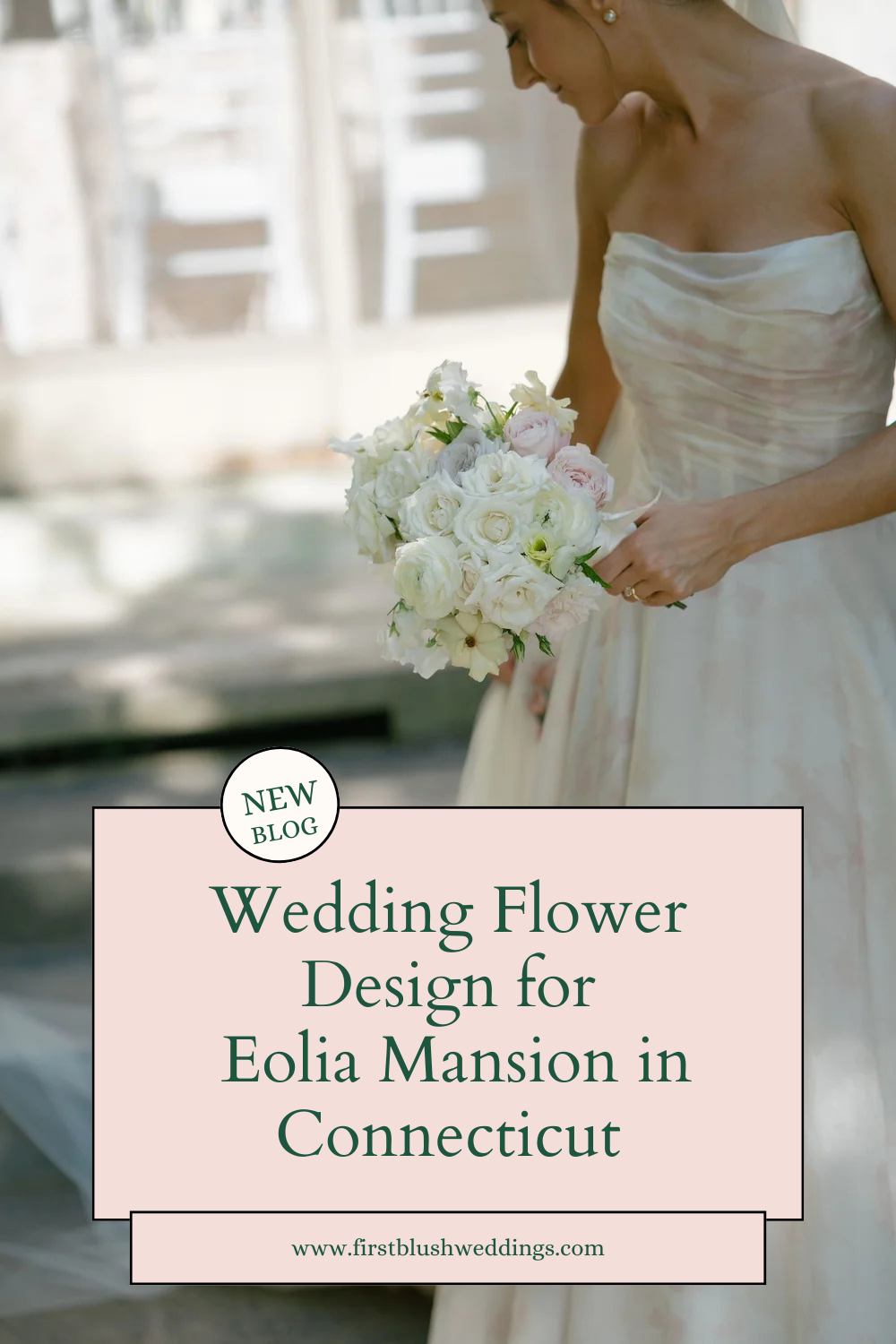 Bride holding a white wedding bouquet designed for an Eolia Mansion wedding by a Connecticut wedding florist.