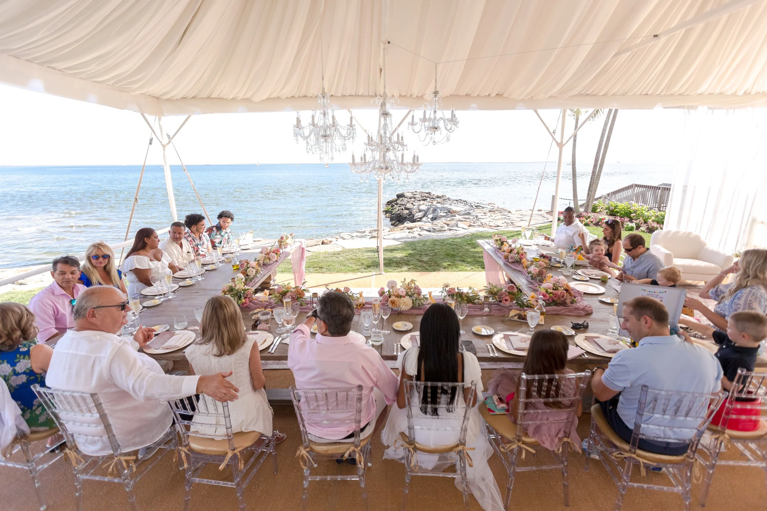 Baby shower tent as lighting shifts into evening