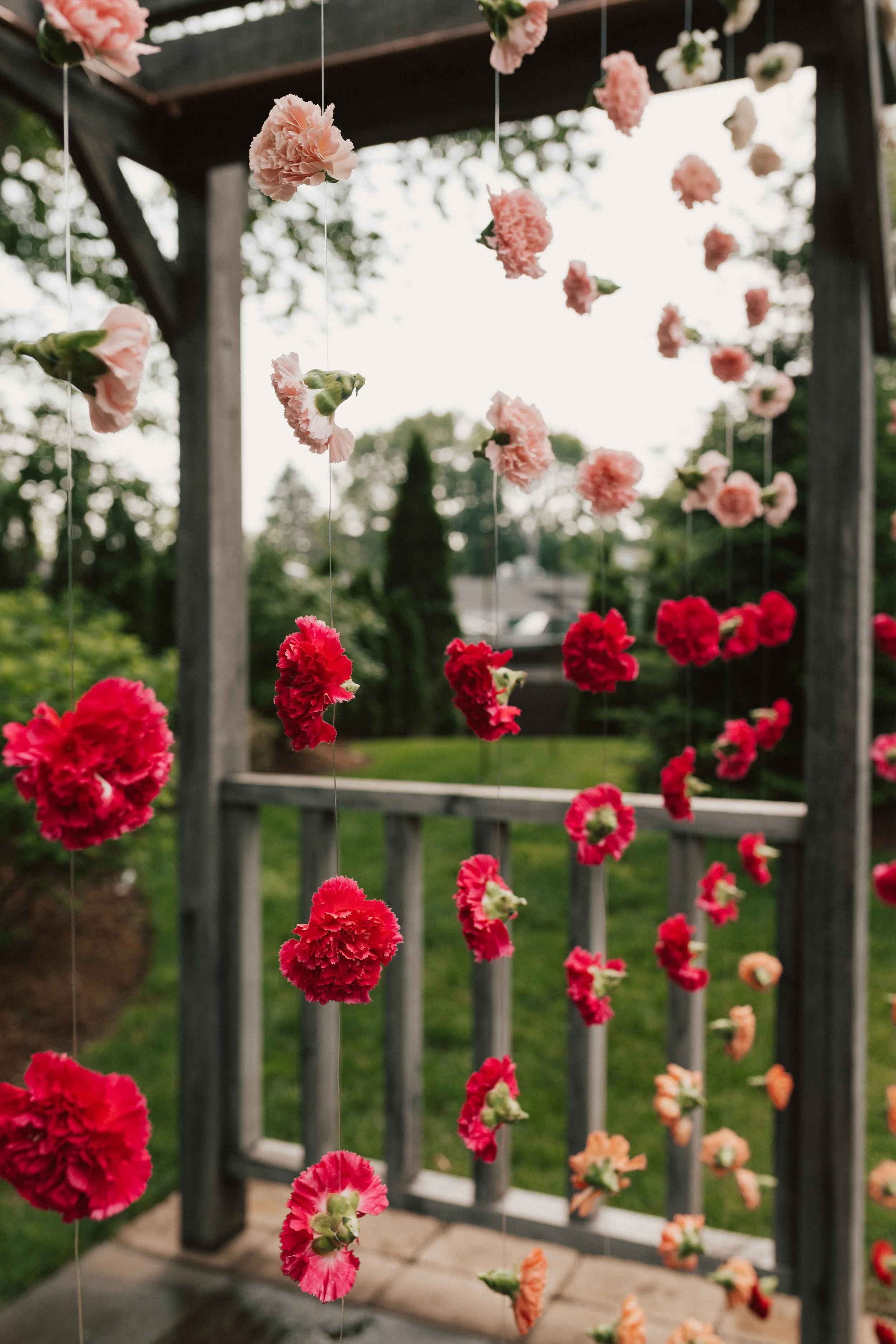 Ombré carnation ceremony backdrop transitioning from blush to red at a bold garden wedding.