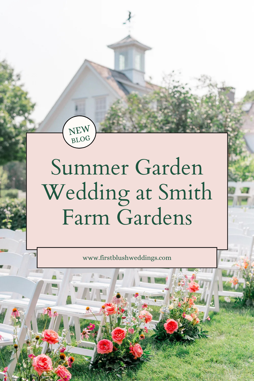 Outdoor summer garden wedding ceremony at Smith Farm Gardens with seasonal floral design by First Blush Wedding Florist in Connecticut.