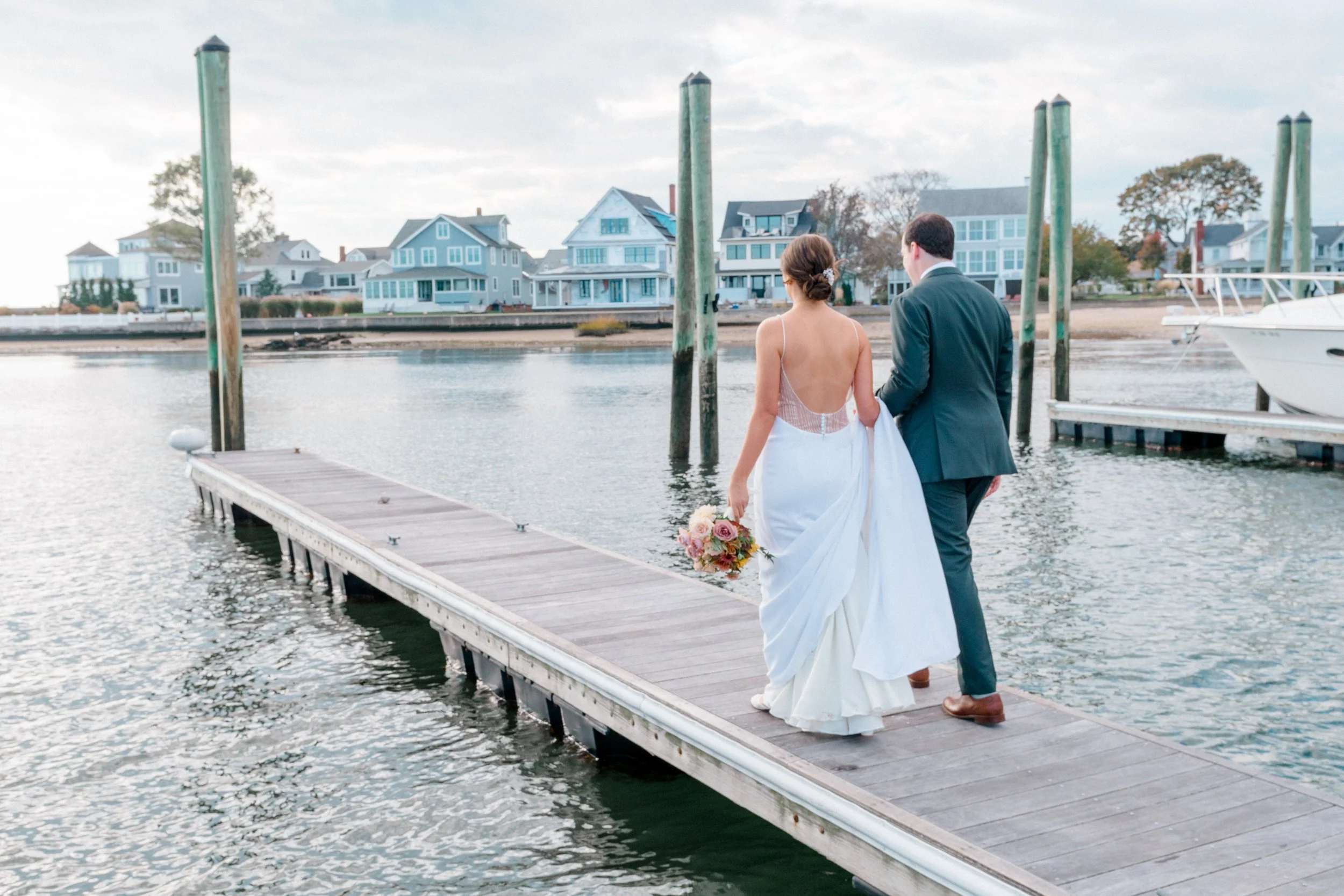 Scenic overlook of marina next to Pine Orchard Yacht & Country Club wedding.