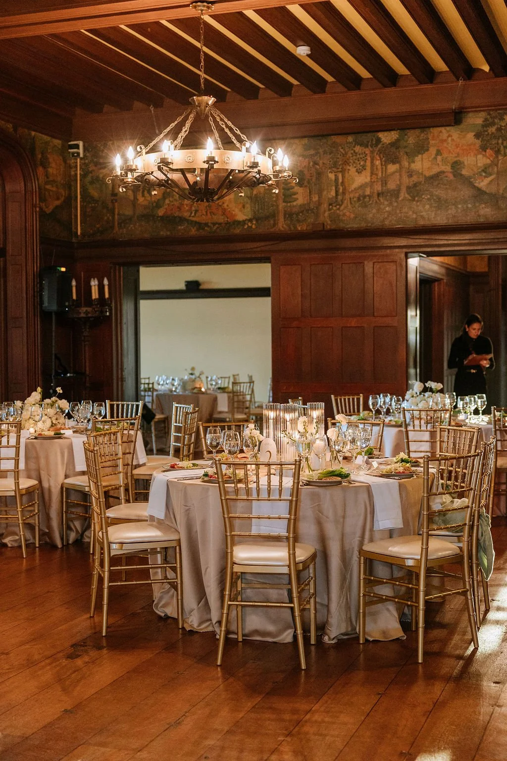 Romantic candlelit reception at historic Waveny House ballroom
