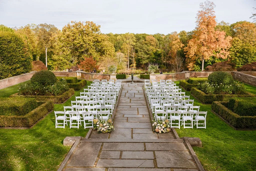 Garden ceremony flowers with neutral blooms and foliage at Waveny House Connecticut