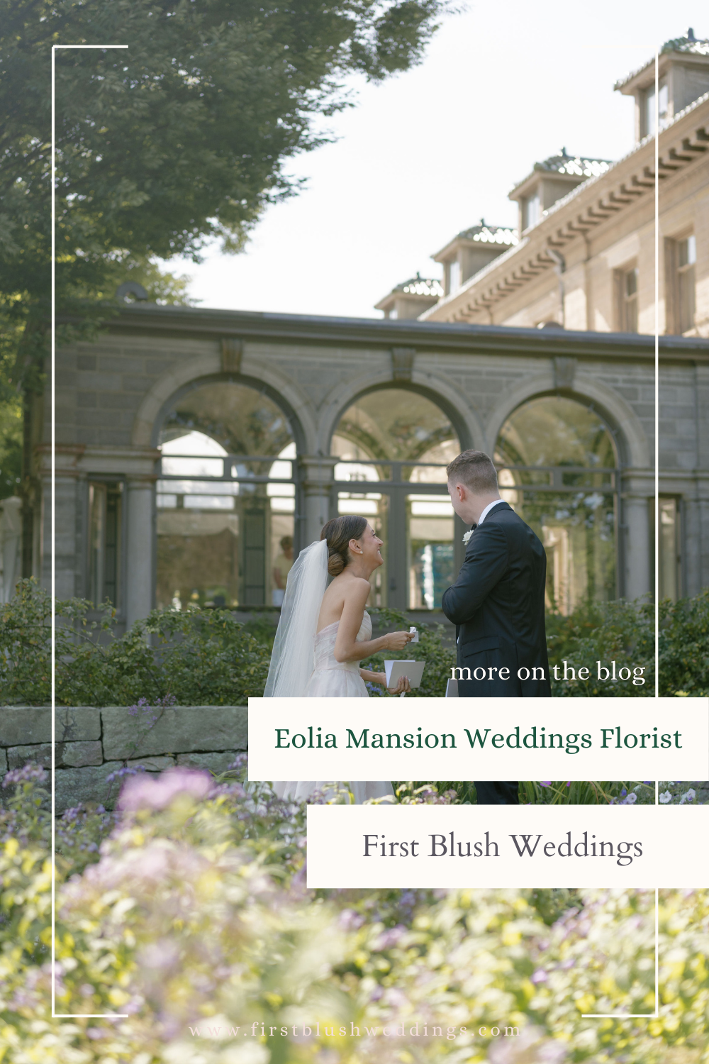 Bride and groom at an Eolia Mansion wedding in Connecticut with soft garden-style florals designed by a Connecticut wedding florist.