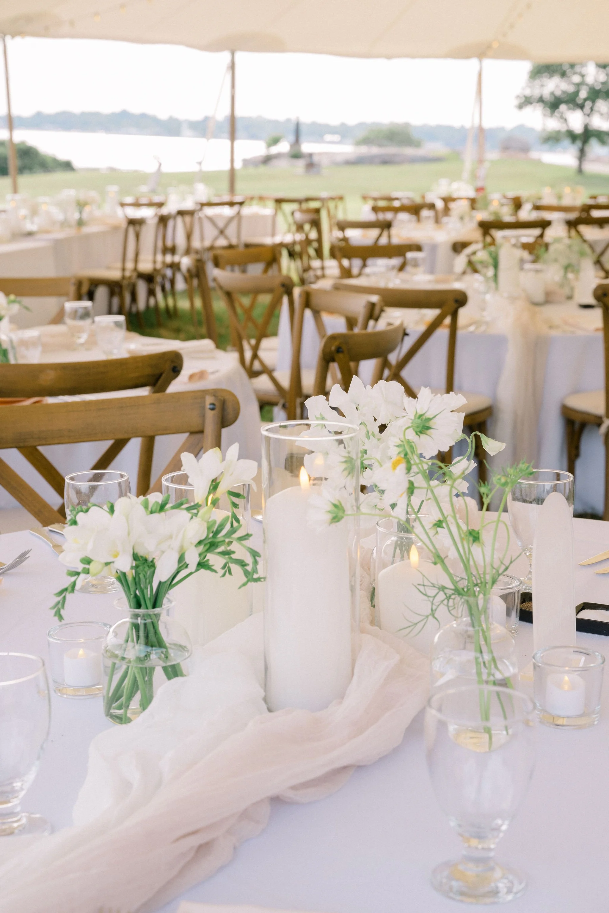 White and green bud vase wedding centerpieces at Branford House ballroom reception