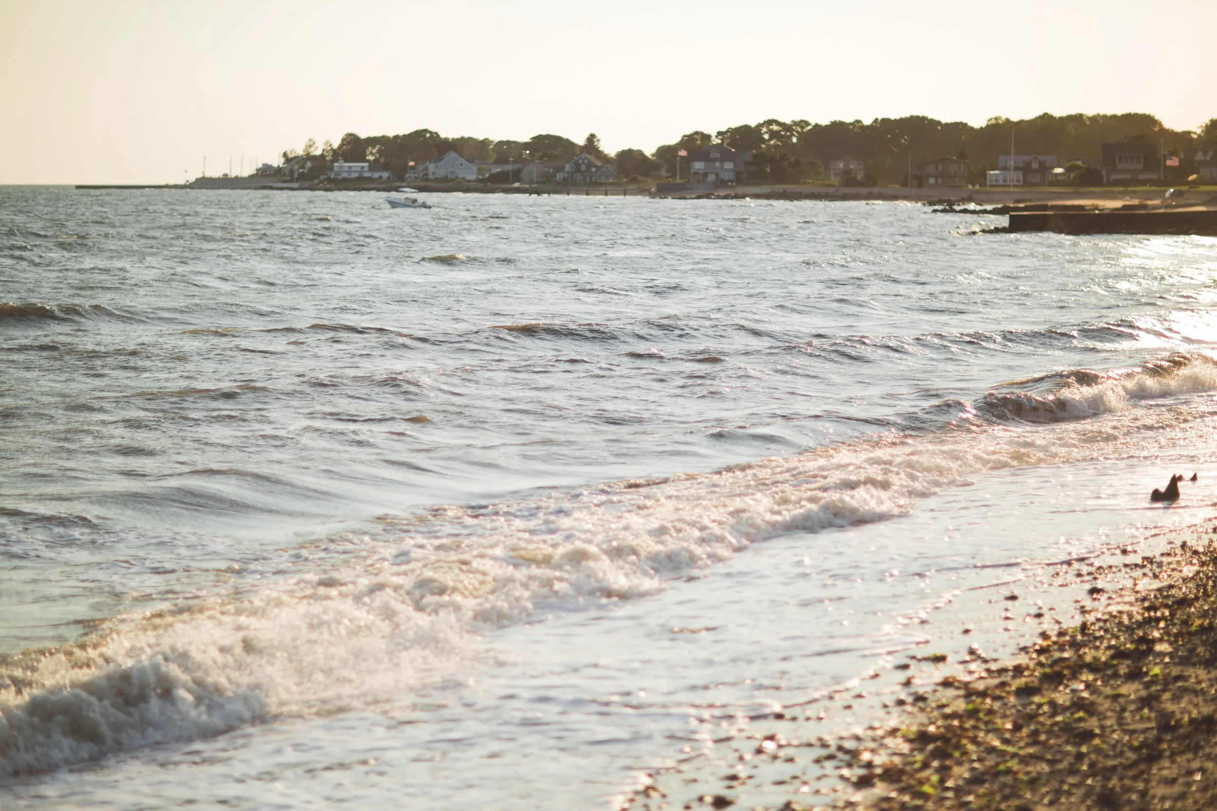 White flags catch the wind atop a sailcloth tent against a bright coastal sky at a private Saybrook Point wedding.