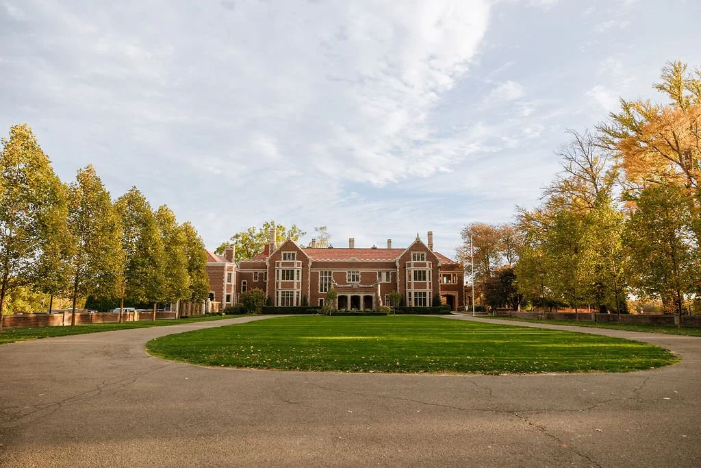 Romantic outdoor wedding ceremony setup at Waveny House garden fountain