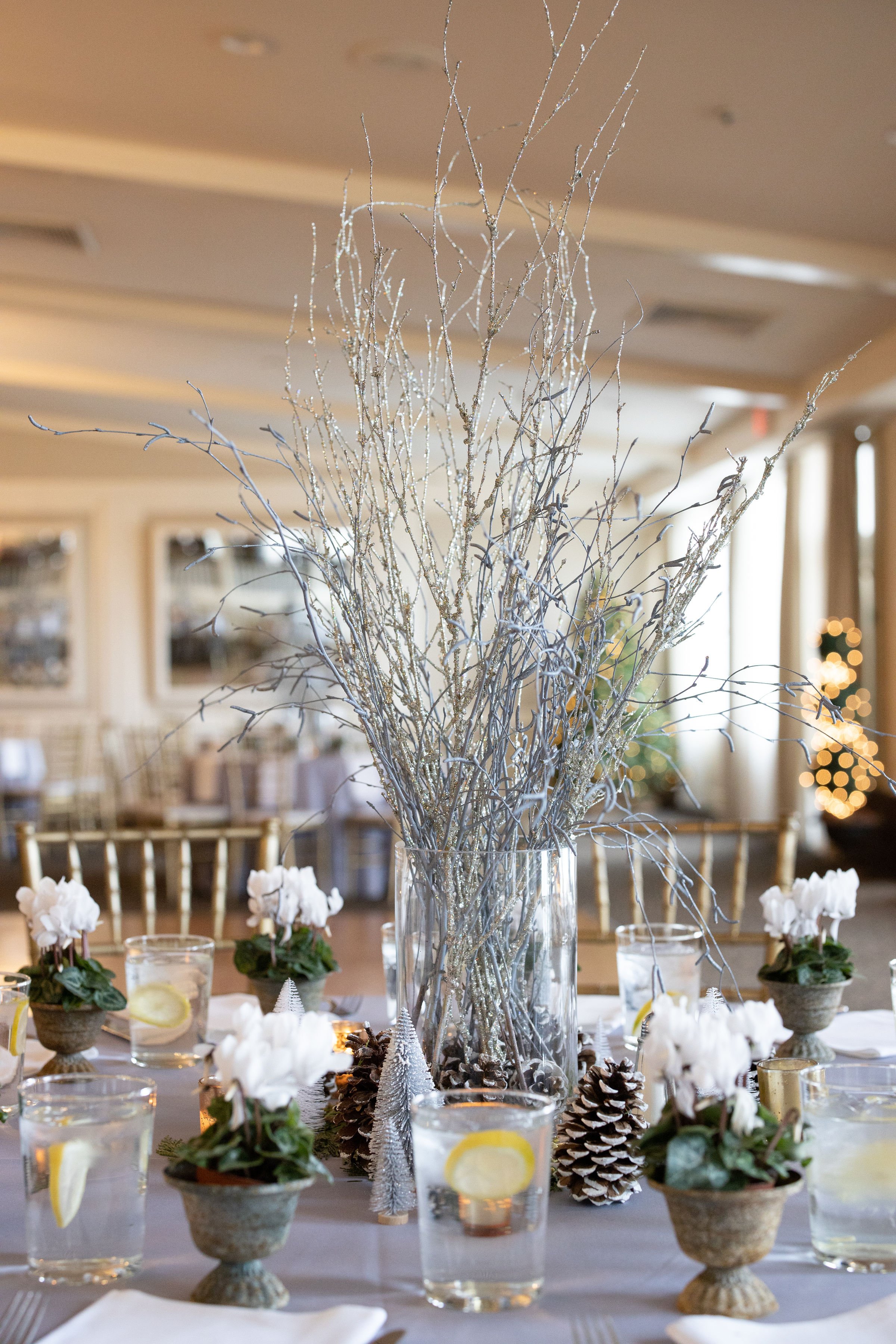 Tall centerpiece of silver glittered branches in a glass cylinder surrounded by potted white cyclamen, frosted pine cones and bottle-brush trees at The Inn at Longshore