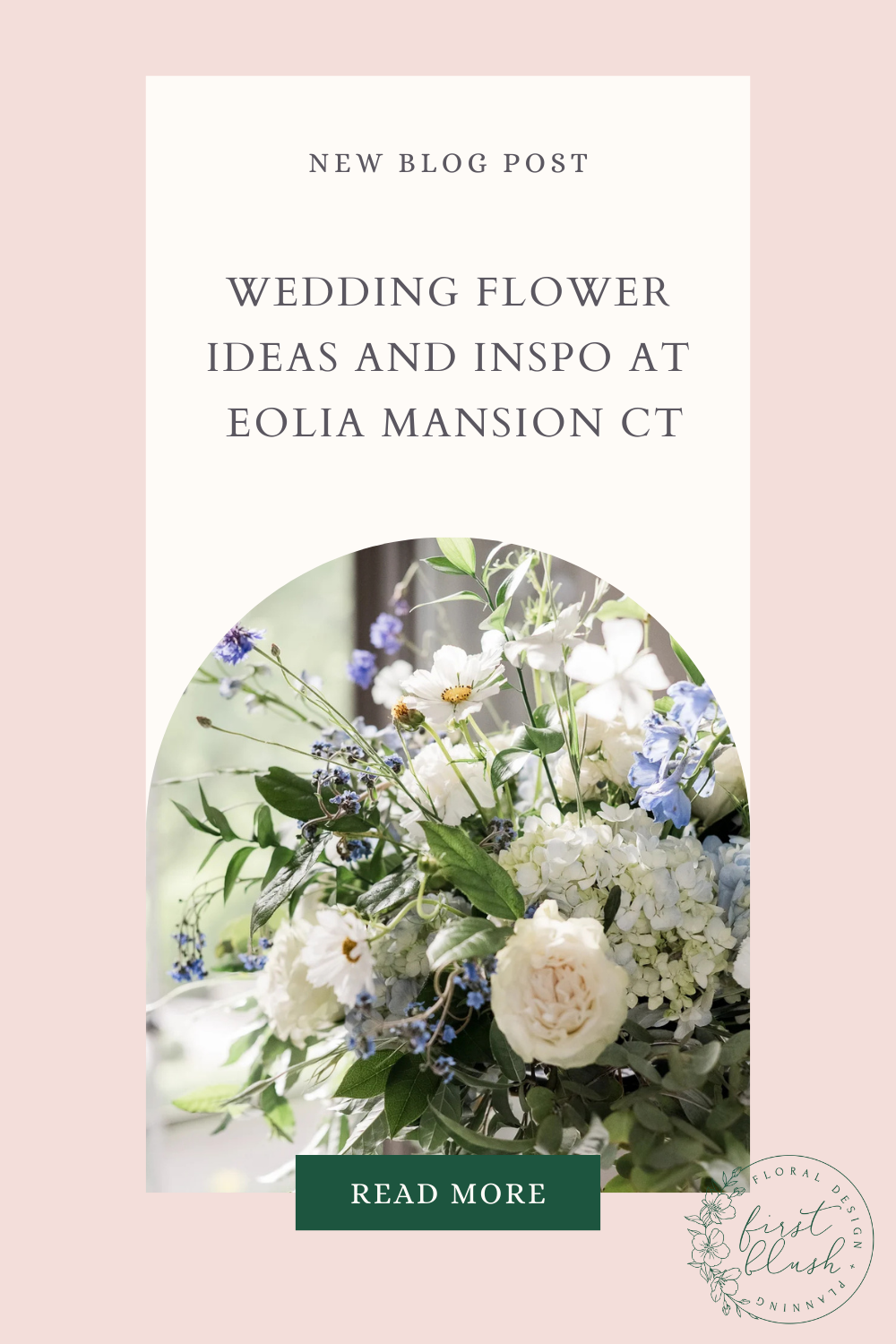 Elegant wedding flower arrangement designed for an Eolia Mansion wedding in Connecticut, featuring soft garden-style blooms.