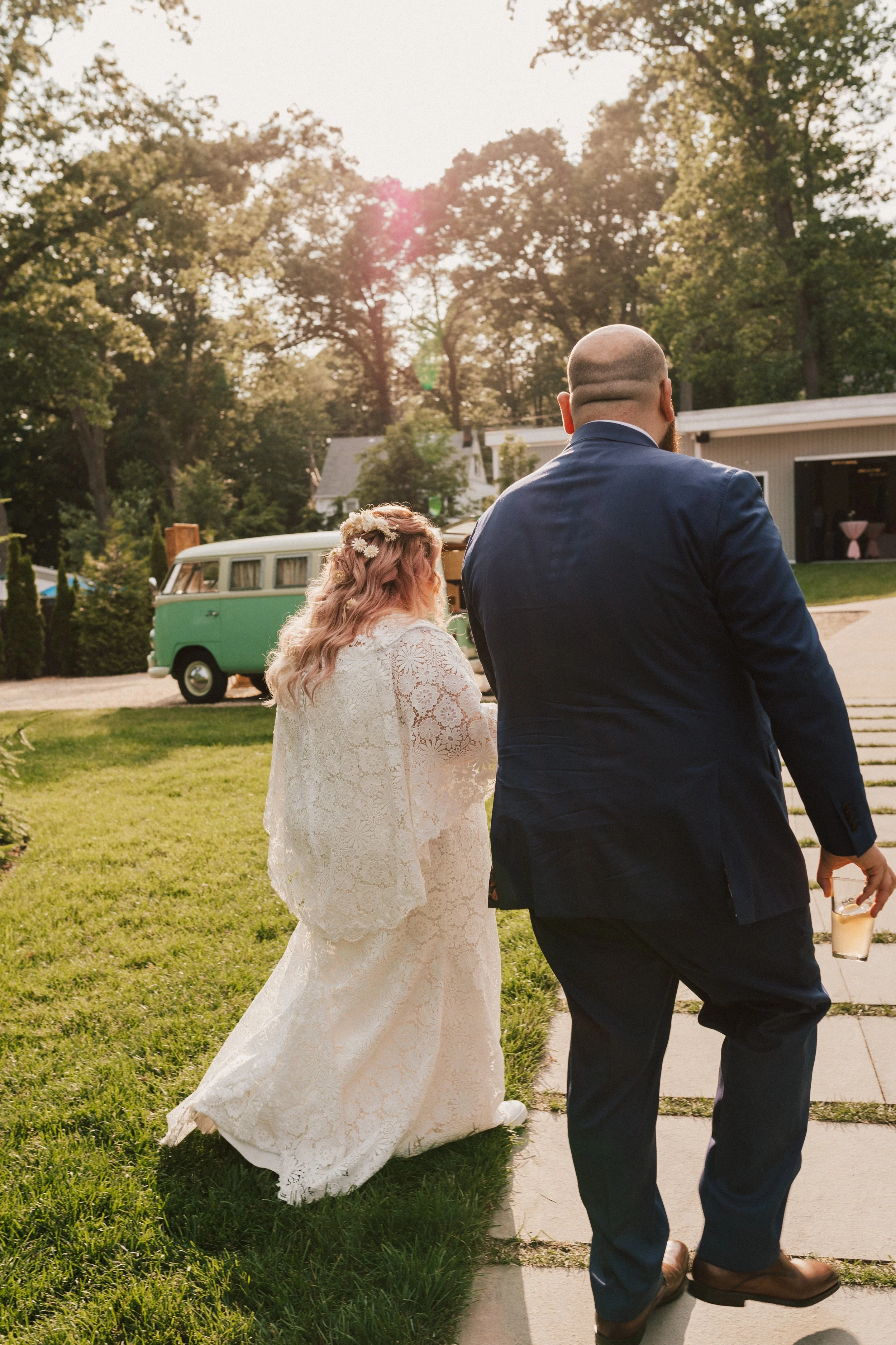 Wedding couple enjoying ice cream in front of a vintage truck at a Connecticut wedding.