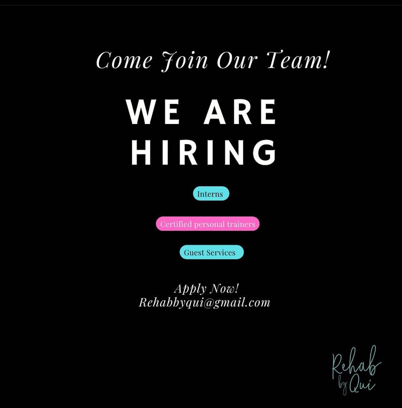Are you a personal, small group, or fitness instructor looking for a family based private training facility? Join Rehab fam now! Send your resume to rehabbyqui@gmail.com ❤️

Serious inquiries only! 🫶