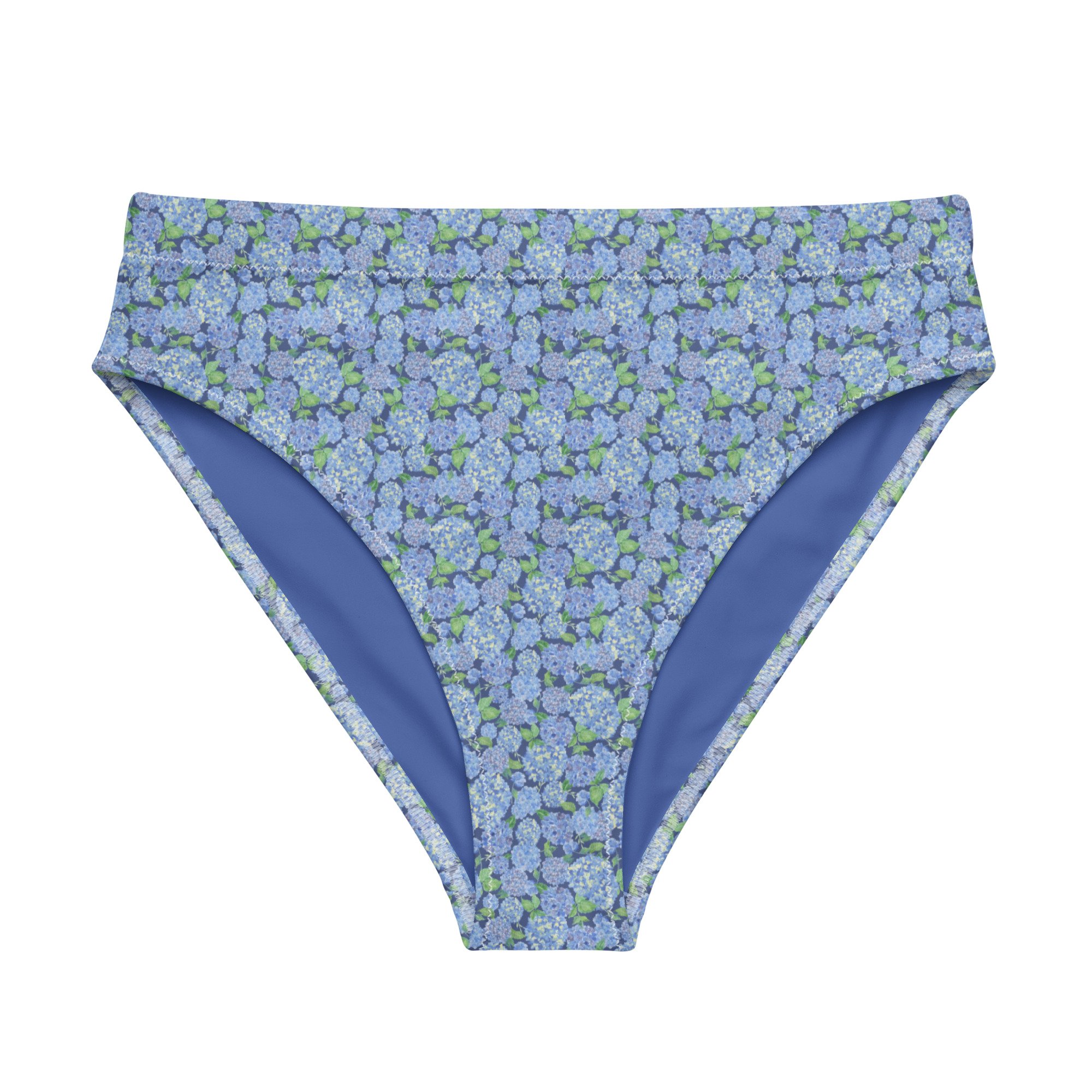 Bathing suit bottom front in original handcrafted pattern made from painted hydrangeas in a blue and green print. Preppy, pretty floral pattern. Comfortable