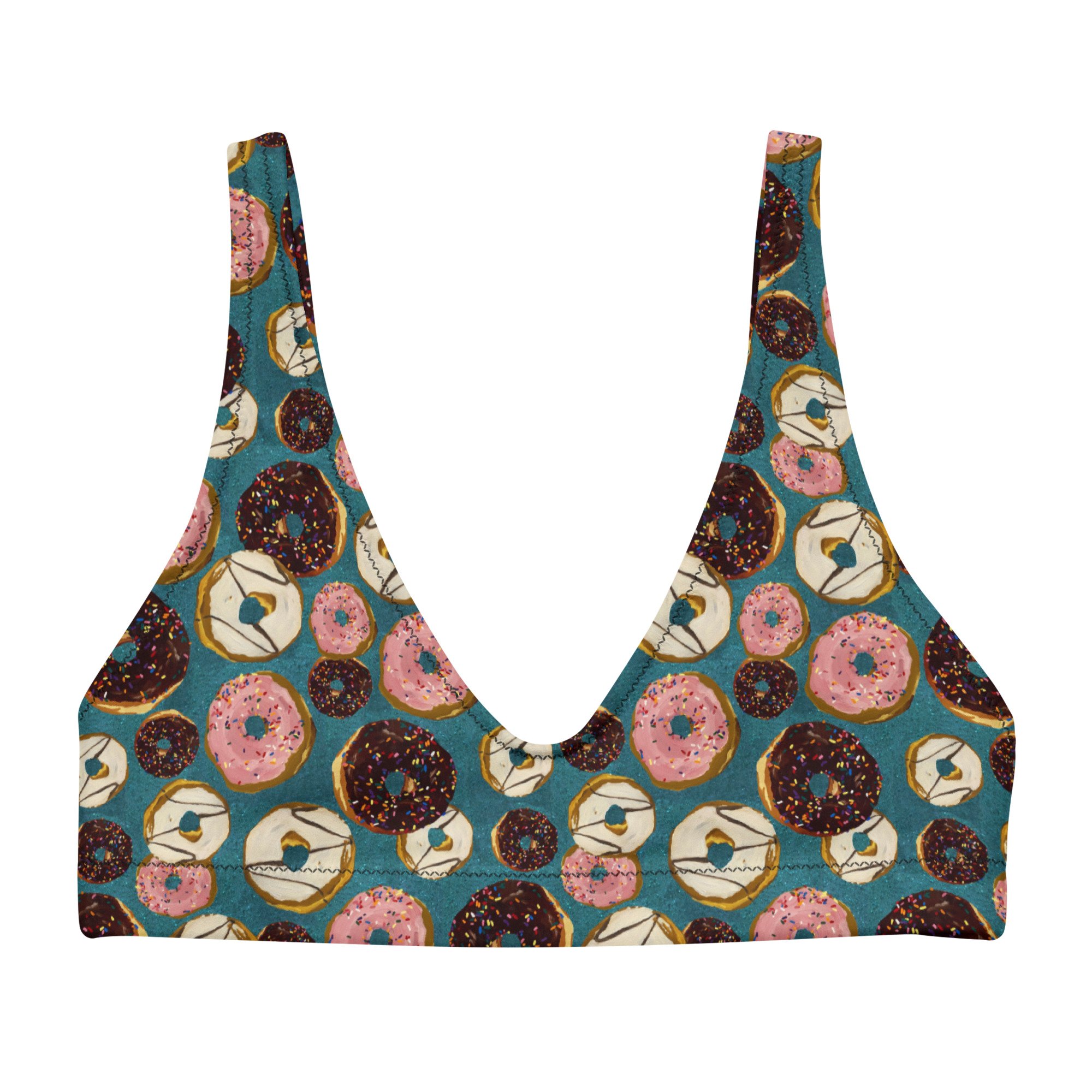 Donuts with rainbow sprinkles print by Kibby & Co. from original paintings. Teal, glitter effect background. Chocolate, Strawberry, Vanilla frosted doughnuts. Bathing suit top front