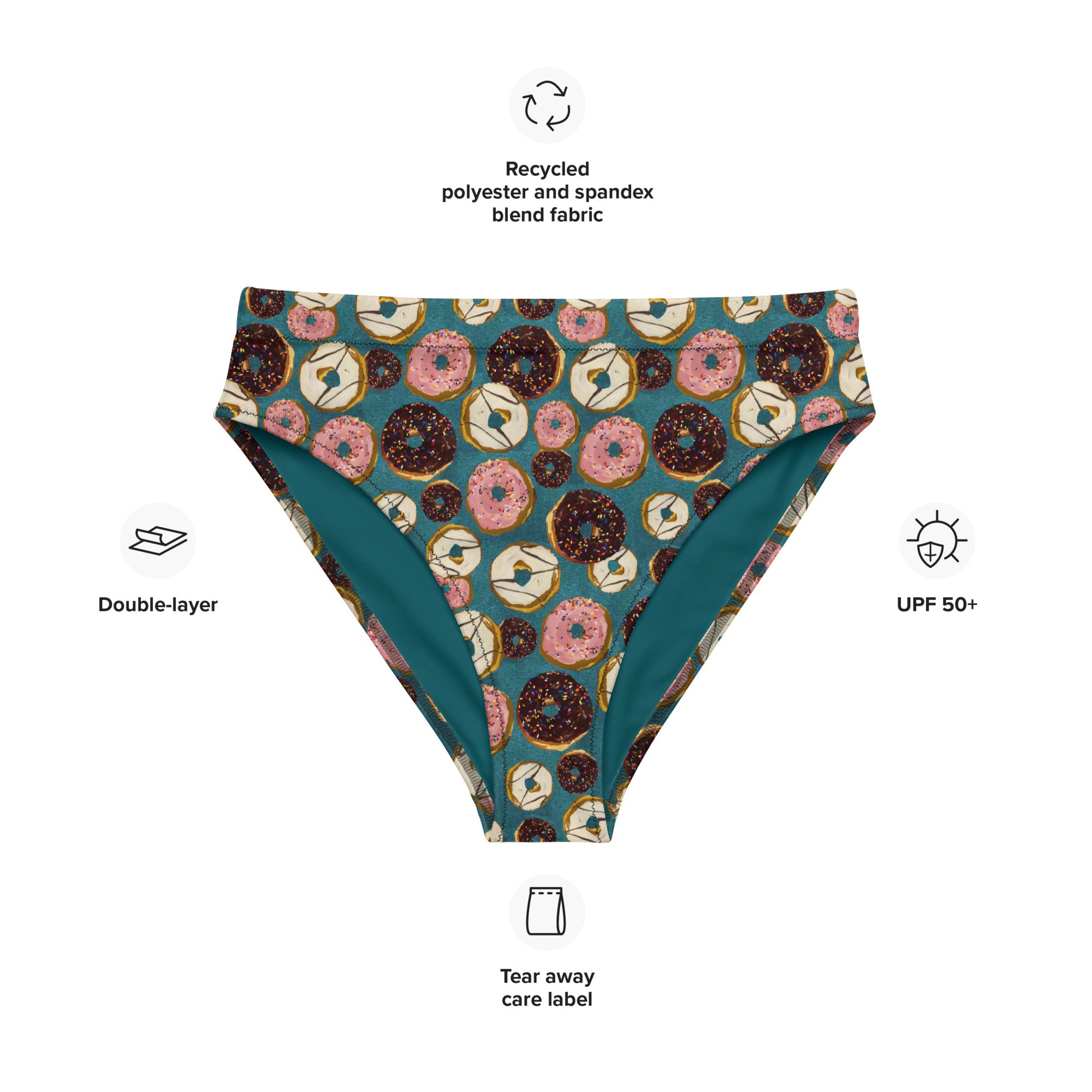 Donuts with rainbow sprinkles print by Kibby & Co. from original paintings. Teal, glitter effect background. Chocolate, Strawberry, Vanilla frosted doughnuts. Bathing suit bottom recycled eco-friendly