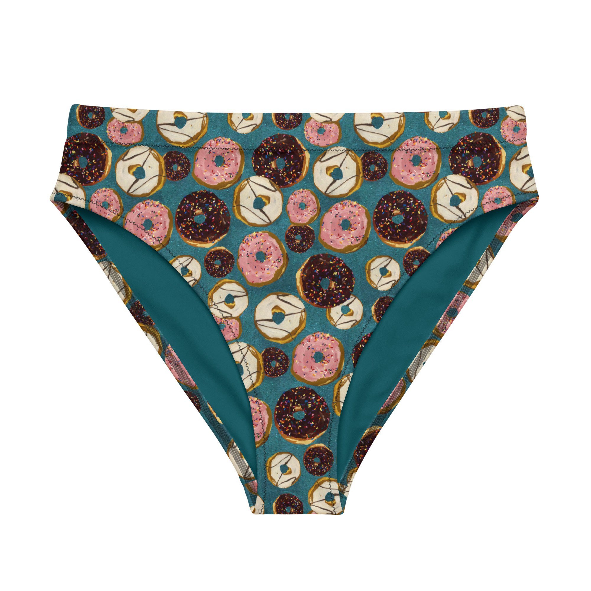 Donuts with rainbow sprinkles print by Kibby & Co. from original paintings. Teal, glitter effect background. Chocolate, Strawberry, Vanilla frosted doughnuts. Bathing suit bottom front