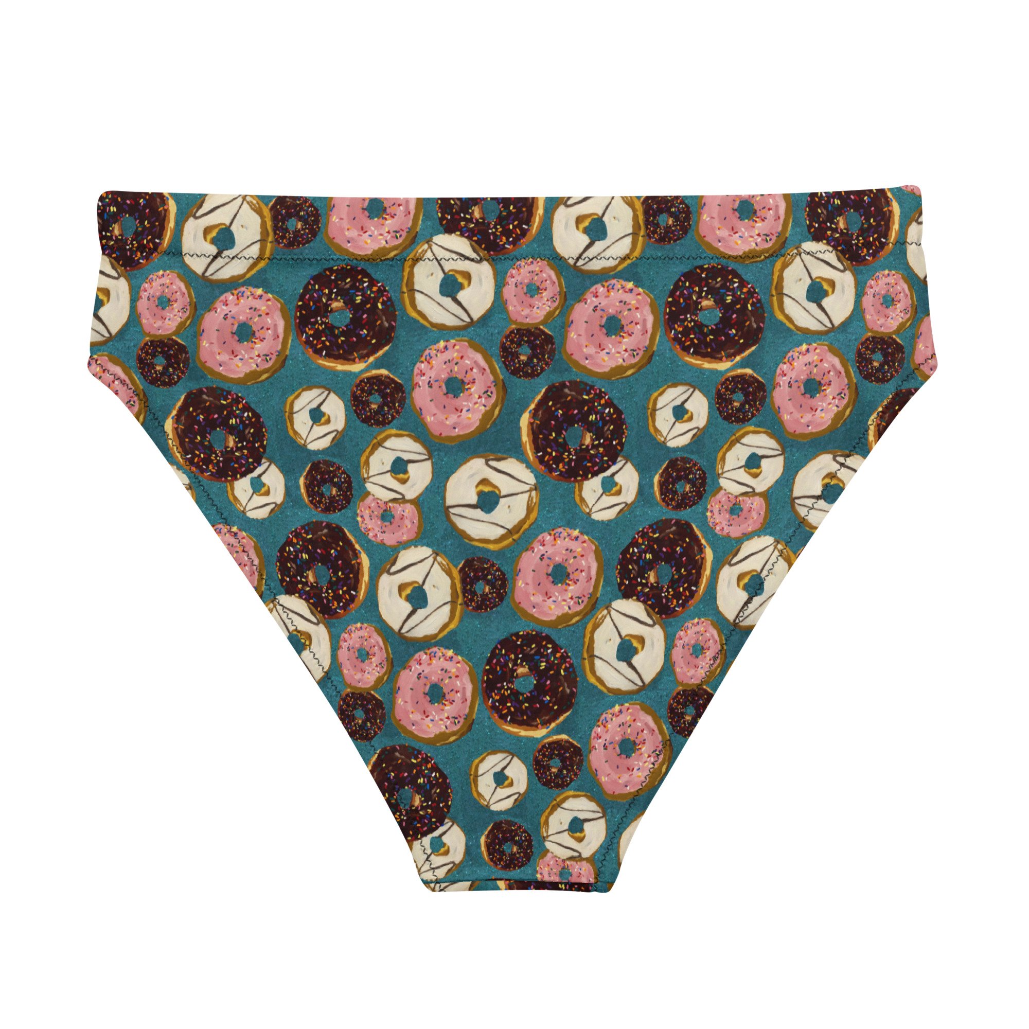 Donuts with rainbow sprinkles print by Kibby & Co. from original paintings. Teal, glitter effect background. Chocolate, Strawberry, Vanilla frosted doughnuts. Bathing suit bottom back