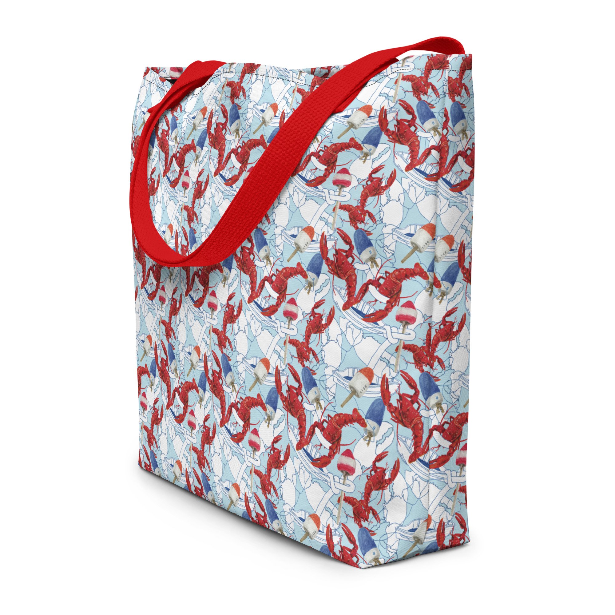 Lobster print large tote bag in red white and blue. Nautical, coastal pattern