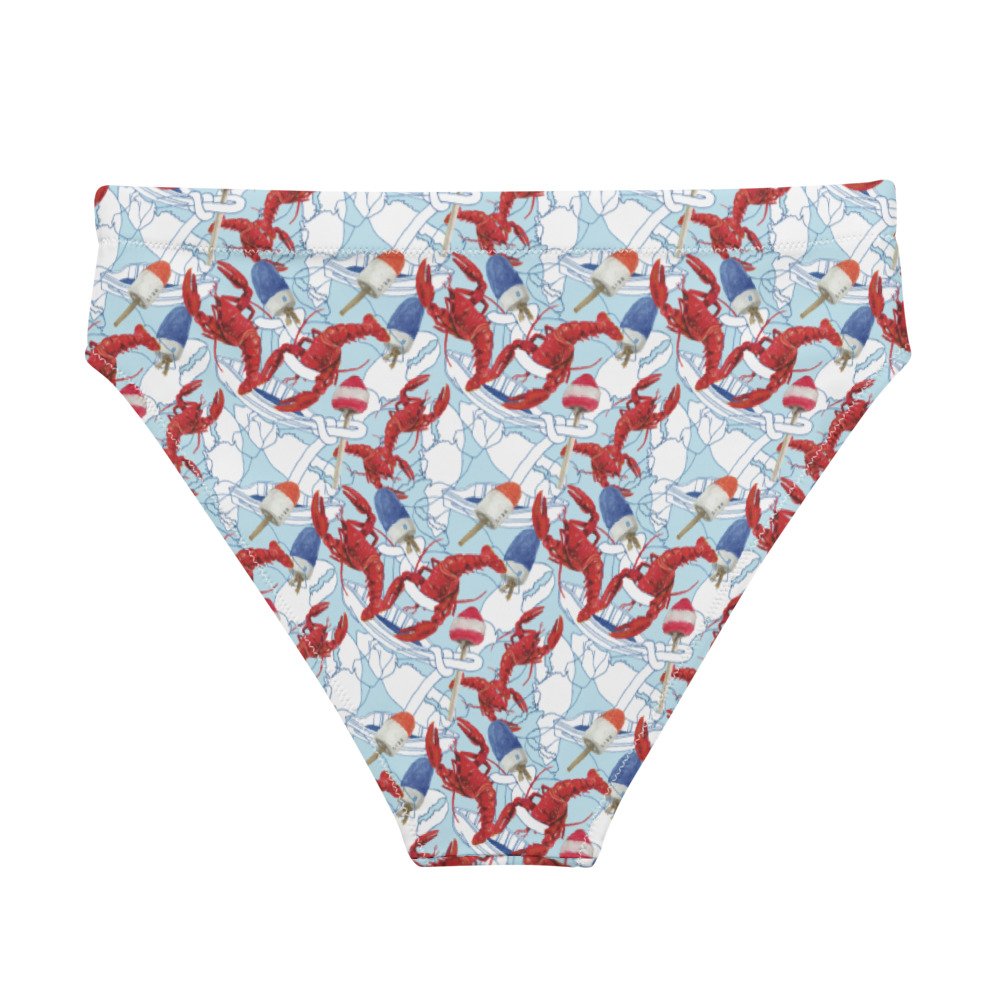 American Lobster Print High Waisted Bikini Bottom back, by Kibby & Co. Nautical, coastal, preppy pattern. Red, white and blue
