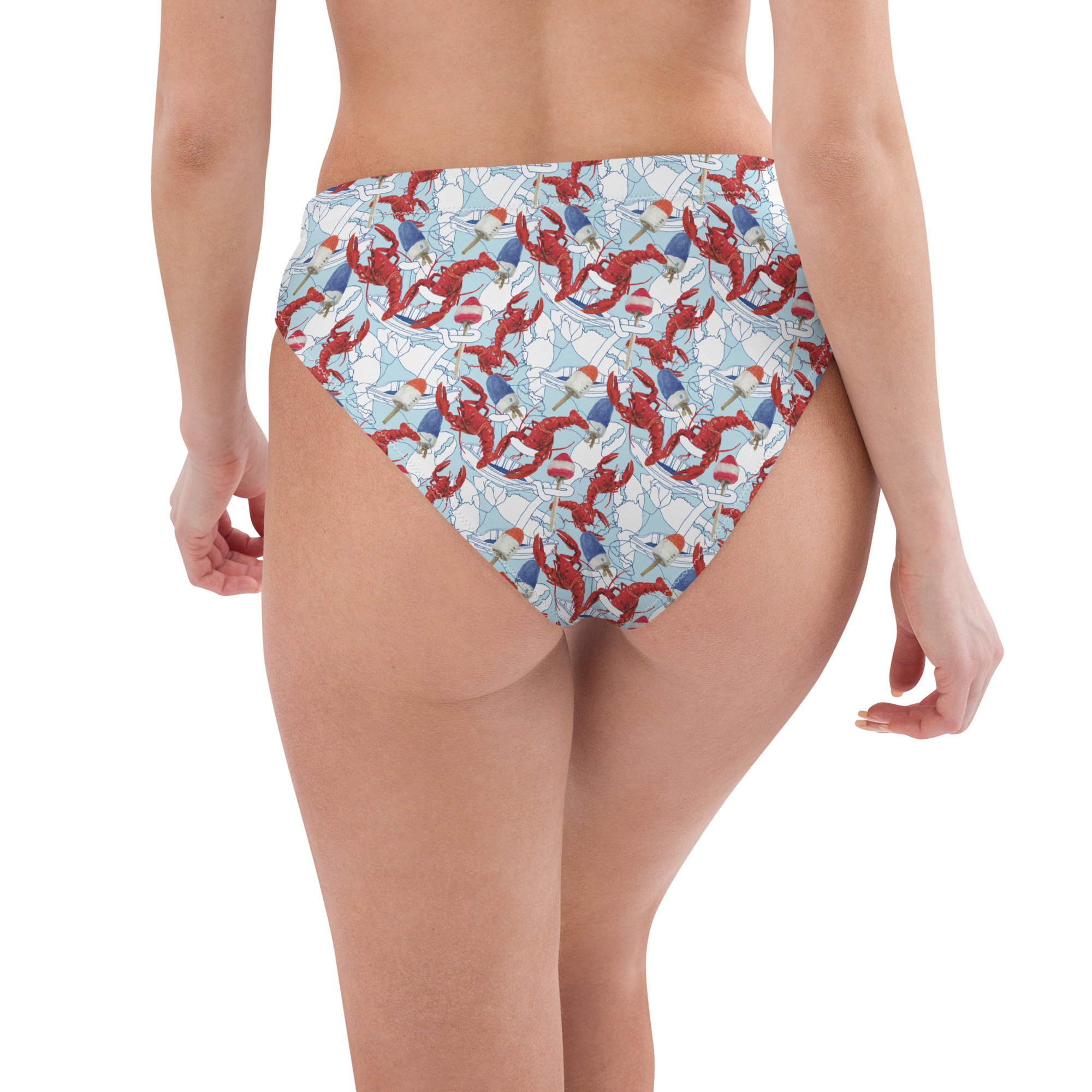 American Lobster Print High Waisted Bikini Bottom on model by Kibby & Co. Nautical, coastal, preppy pattern. Red, white and blue