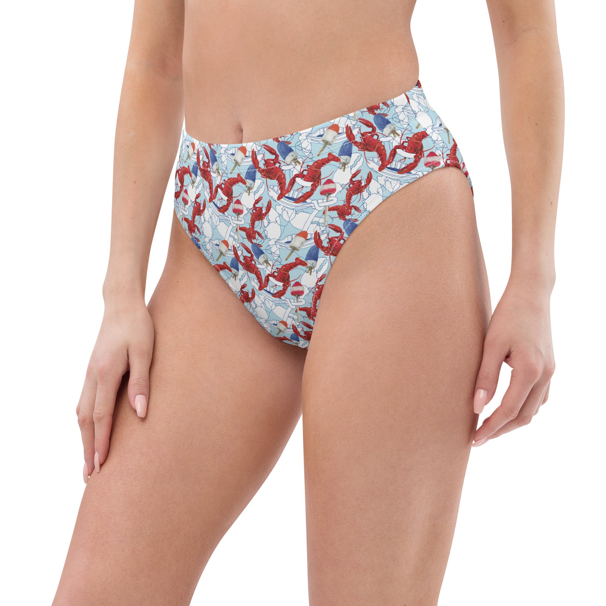 American Lobster Print High Waisted Bikini Bottom on model by Kibby & Co. Nautical, coastal, preppy pattern. Red, white and blue