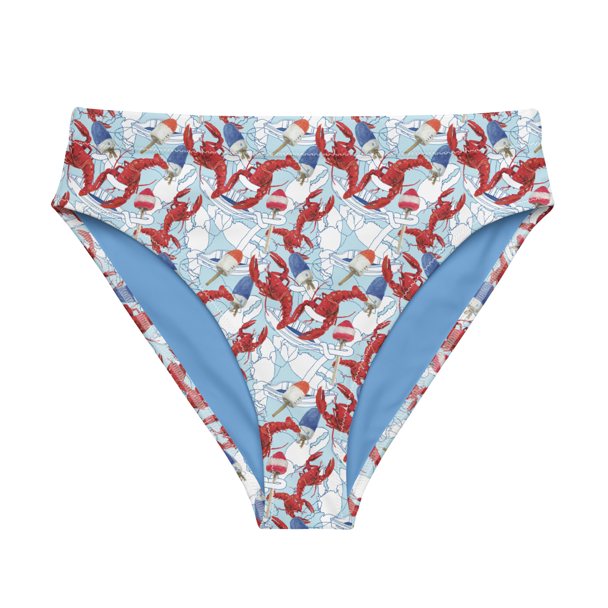 American Lobster Print High Waisted Bikini Bottom by Kibby & Co. Nautical, coastal, preppy pattern. Red, white and blue