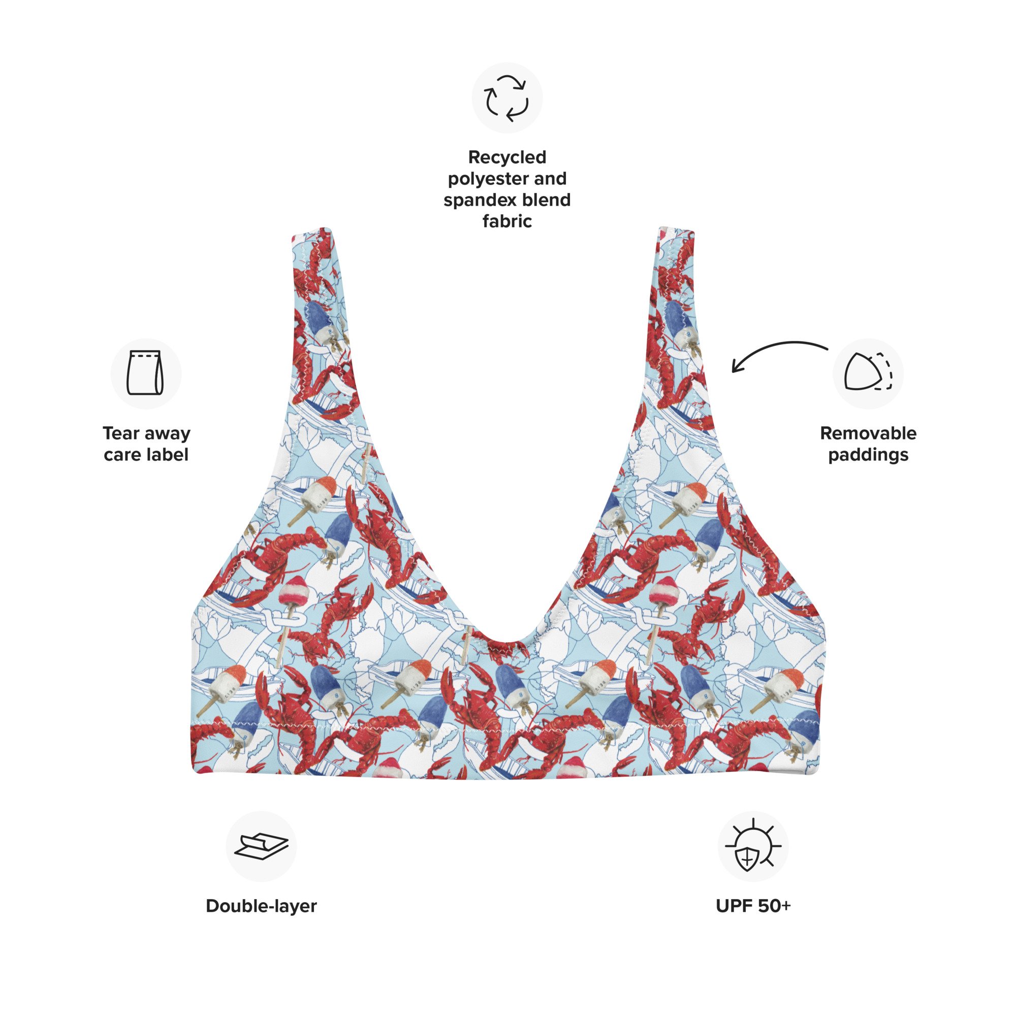 American Lobster Print Padded Recycled Material Bikini Top, Bathing Suit by Kibby & Co. Nautical, coastal, preppy pattern. Red, white and blue. Eco-friendly swimwear