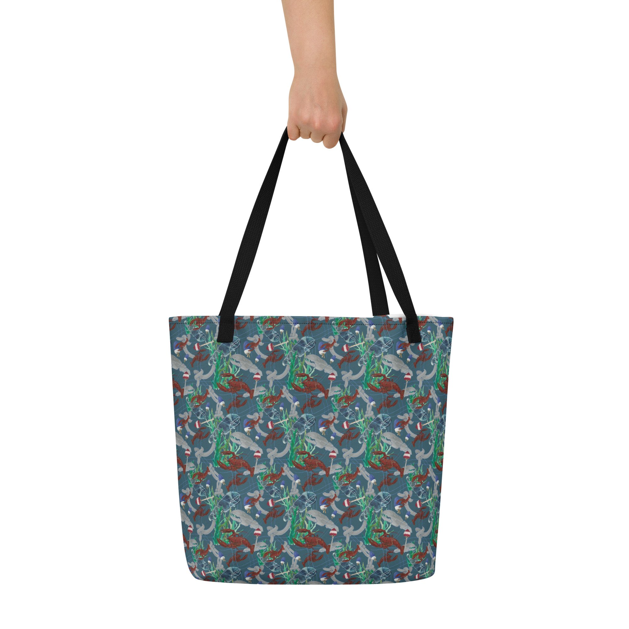 Large Tote bag in Undersea Lobster print, coastal, nautical pattern by Kibby & Co. Blue, dark red, green, black straps