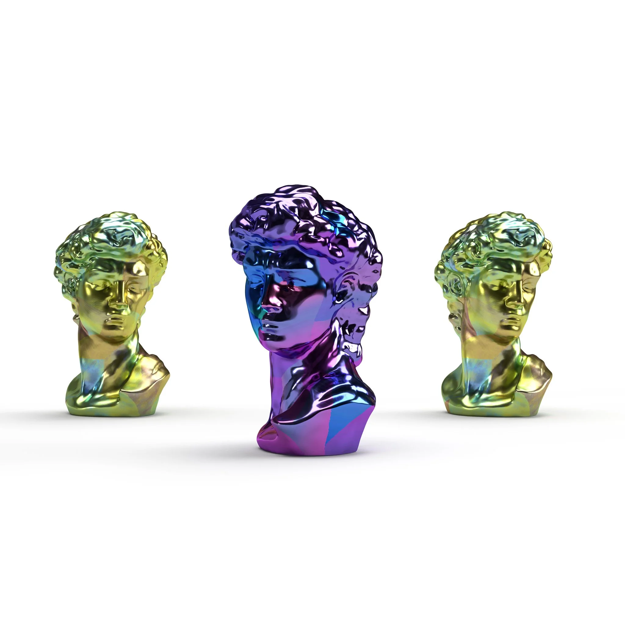 3 chrome statue heads