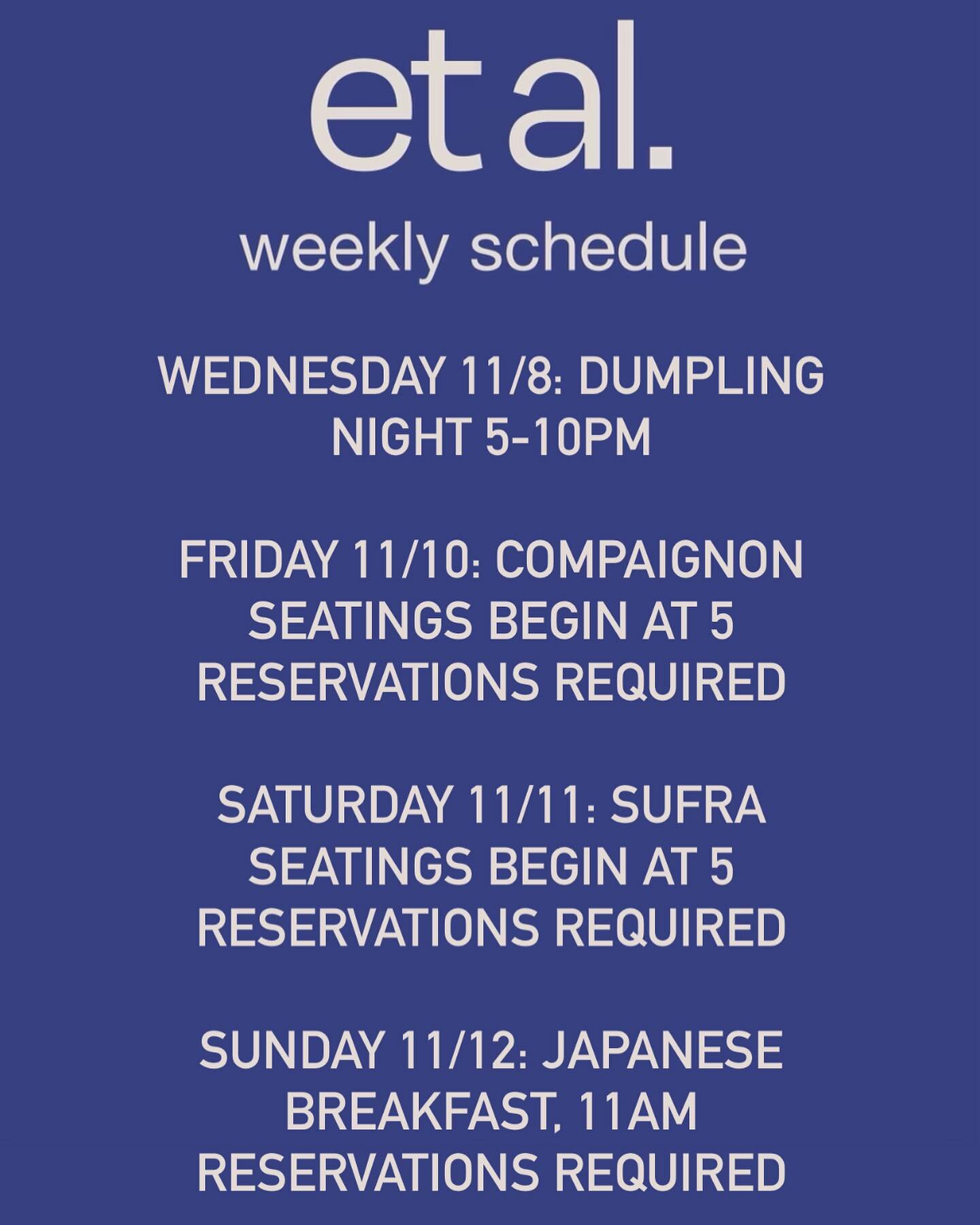 This week with Et Al! 🎉

There&rsquo;s no other way to put it, we&rsquo;ve got a gigantic week ahead of us in the absolute best way.

The newest iteration of Compaignon, Alsace, begins this Friday! Followed by our newest program, Sufra, which will m