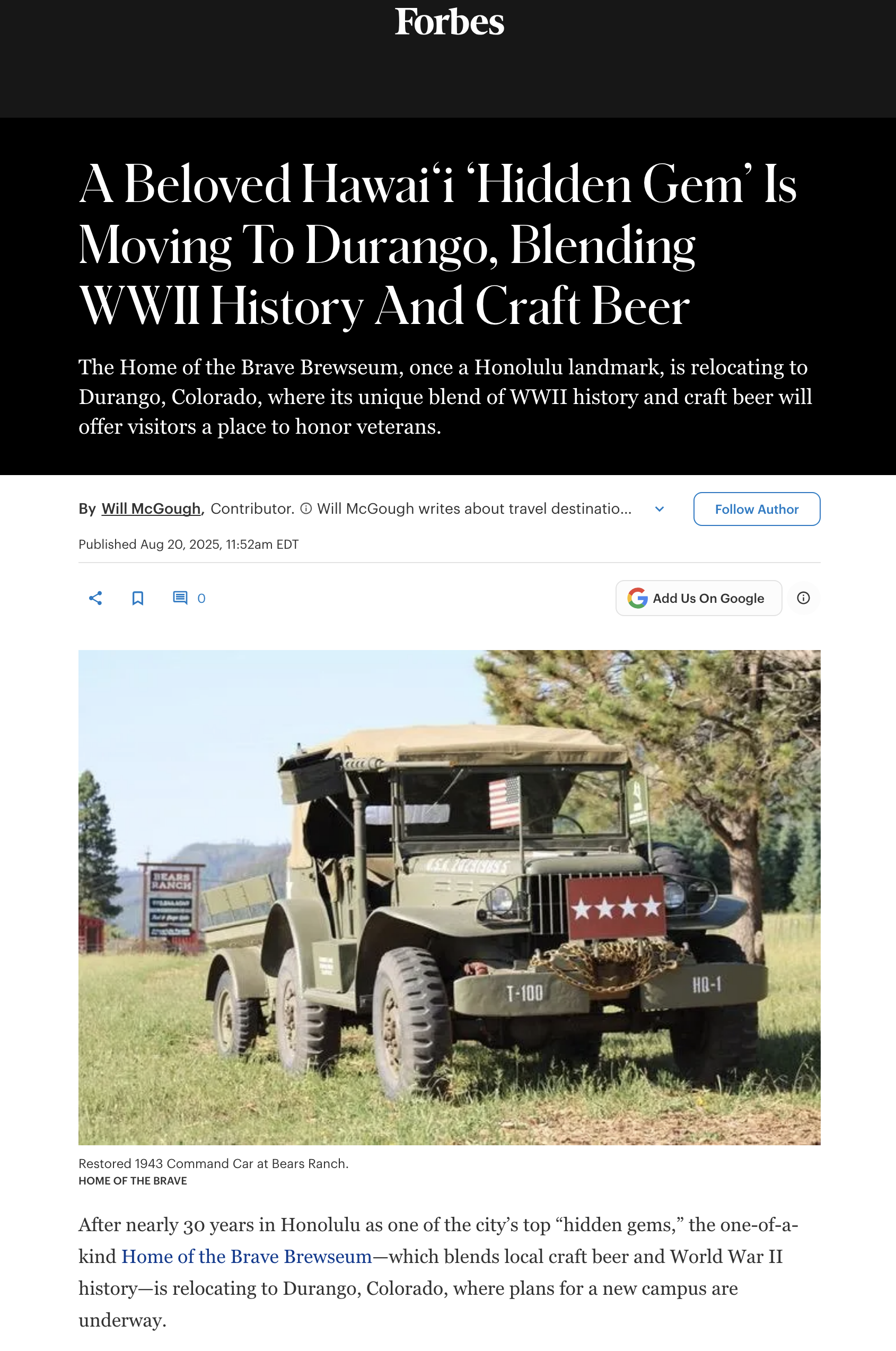 Forbes - Home of the Brave Museum relocating to Bears Ranch